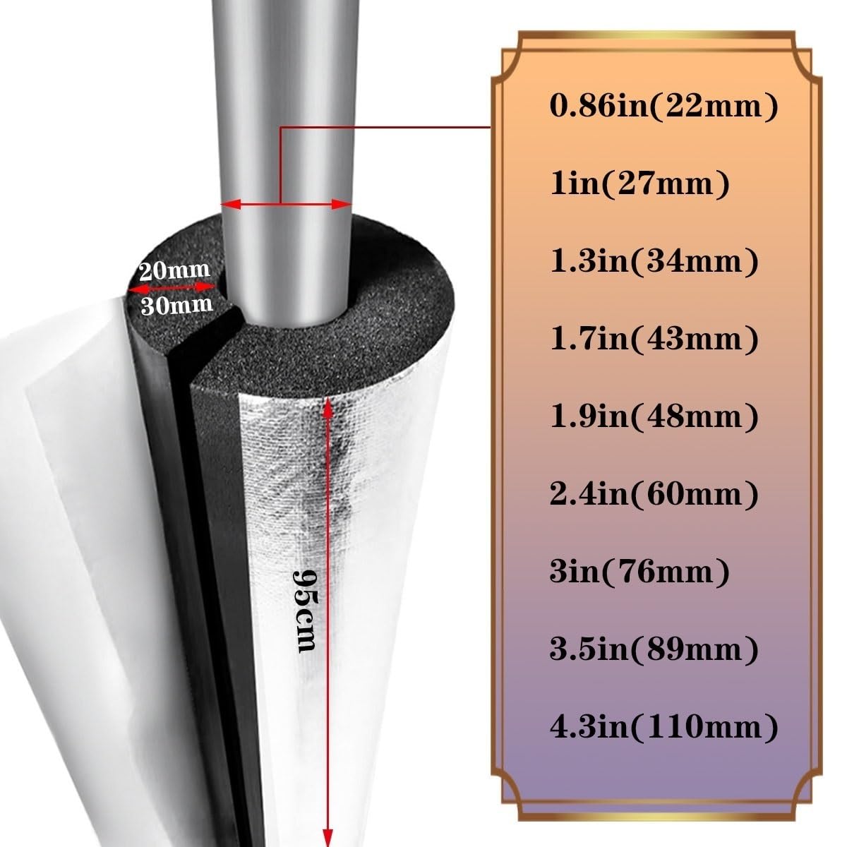 Rohrisolierungsrohre aus Aluminiumfolie für den Außenbereich, mit selbstklebendem Schaumstoff, ID22 mm, 34 mm, 48 mm, 60 mm, 76 mm, 89 mm, 110 mm Dicke, Größe 4/5 Zoll