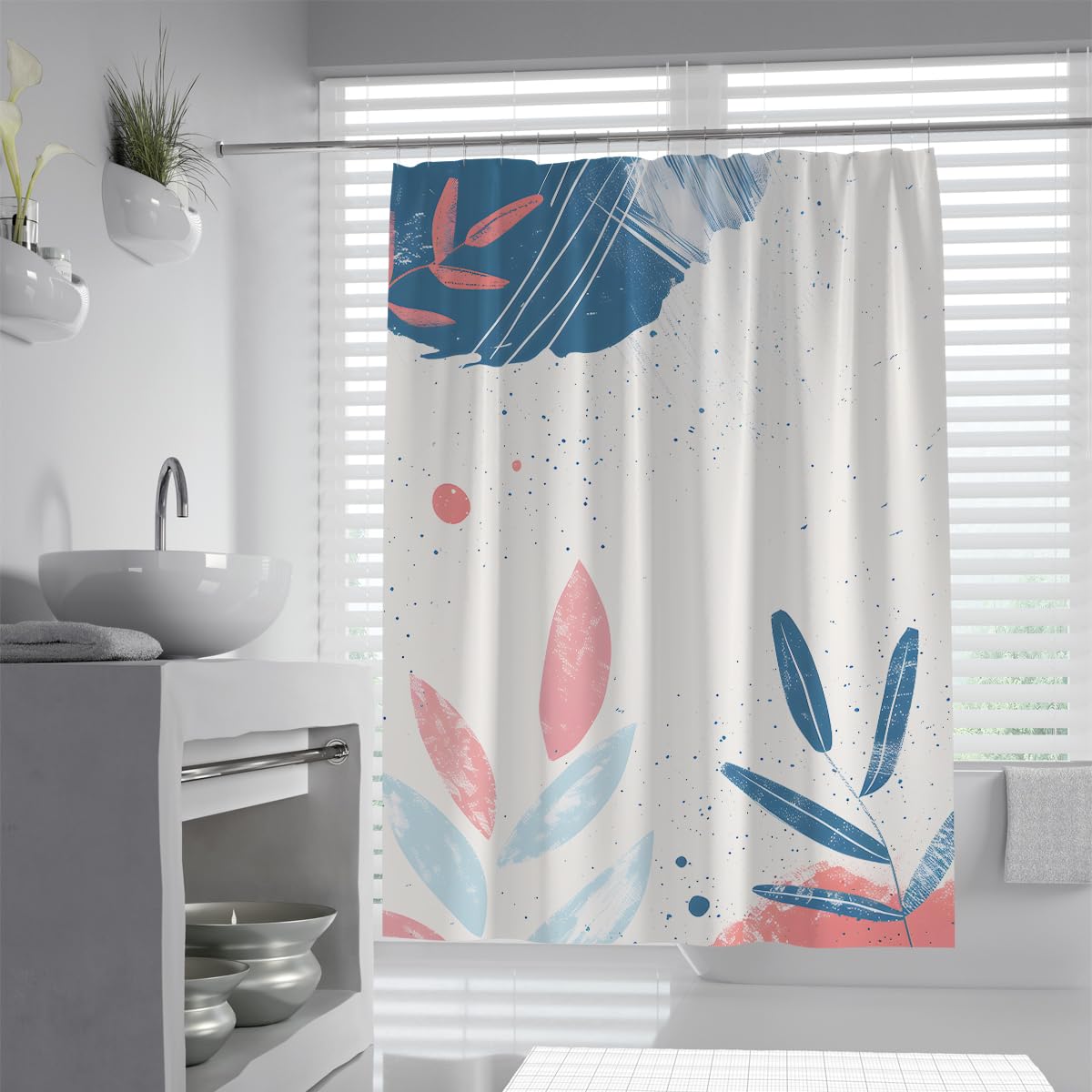 UIRINGART Scandinavian Shower Curtains W100xL200cm Abstract Navy Pink Leaf Branch Line Art Speckled Pattern Mildew Mould Resistant Fabric Bathroom Curtain