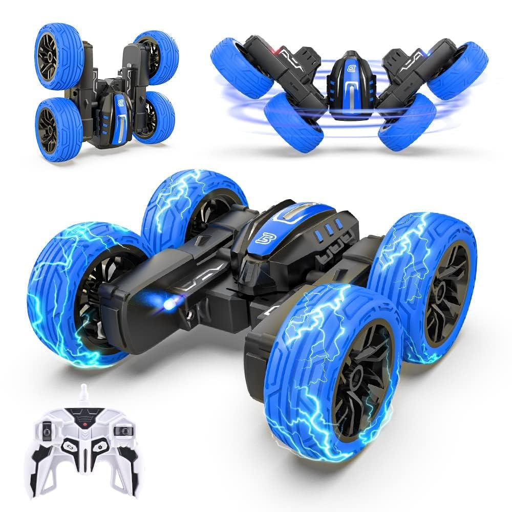 Image showing the dimensions of the BEZGAR RC car: 4.33 inches long, 3.86 inches wide, and 1.89 inches high, highlighting its high-performance stunt capabilities for indoor and outdoor use.