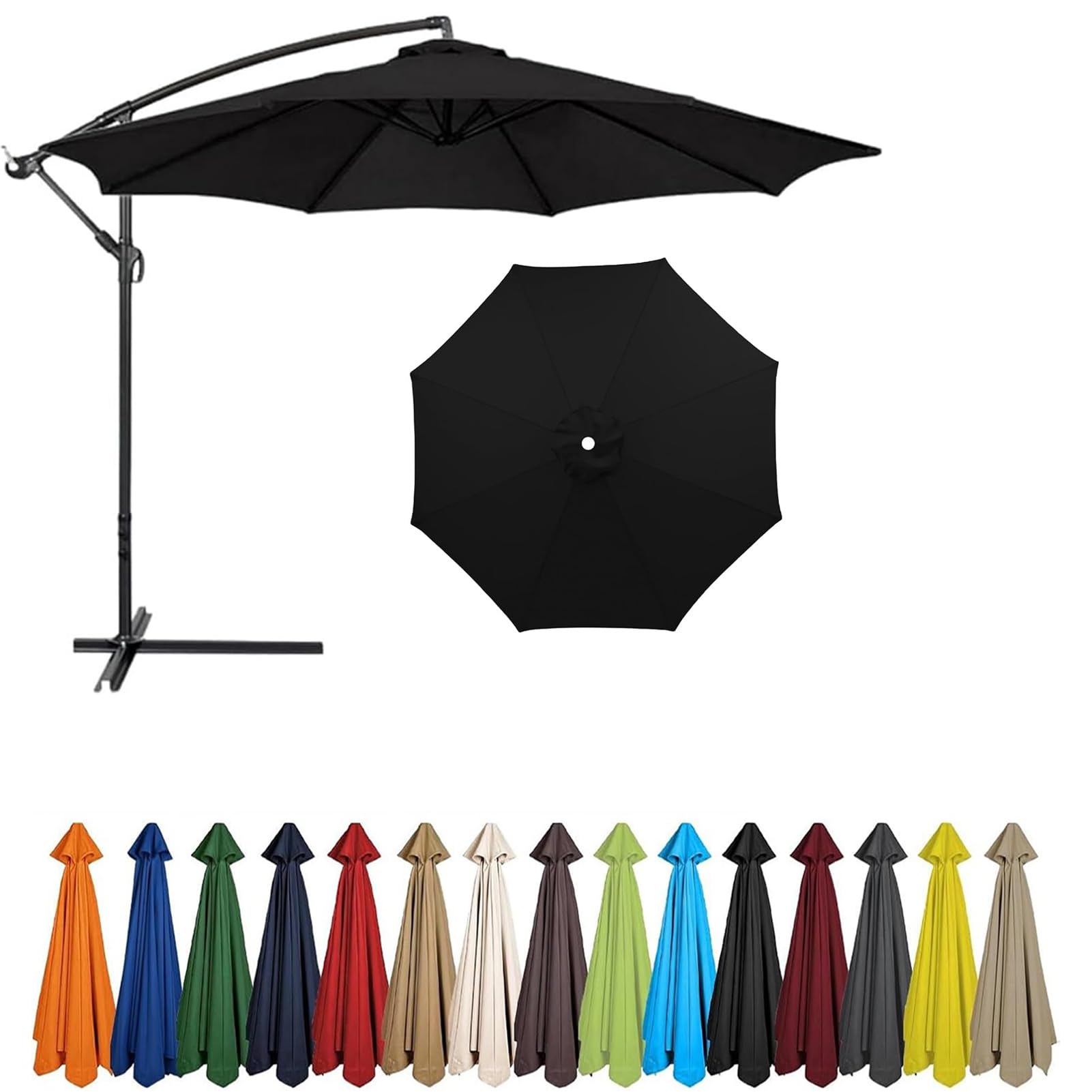 2m - 4m Replacement Parasol Canopy, UPF 50+ Garden Parasol Replacement Canopy,6 Arms 8 Arms Parasol Cover for Garden Parasol Accessories (Black,6ribs:3.0m/9.8ft)