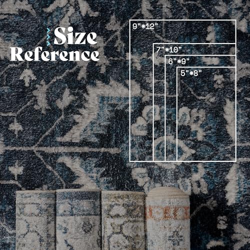 Image of AMERLIFE 5'x8' Wilton Collection Area Rug, Durable Low Pile Non-Slip Washable Rug for High Traffic Areas, Distressed Vine Pattern Vintage Rug for Living Room, Bedroom, Dining Room, Blue /White