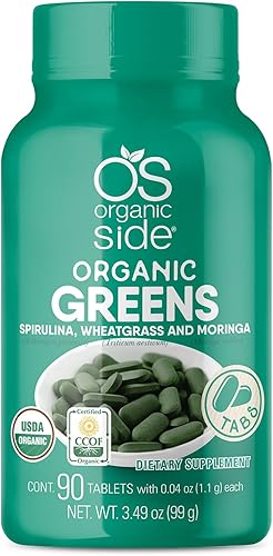OS Organic Side - Verdes orgánicos (espirulina, pasto de trigo y moringa) 90 tabletas - Rico en vitaminas y minerales - Super Greens 1100 mg -