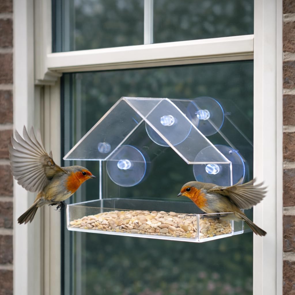 Greena Window Bird Feeder House, Clear Acrylic Design with Suction Cups Will Help Attract All Types of Garden Birds For Children and Adults to Observe And Enjoy 15cm x 15cm x 6cm