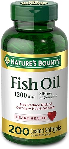 Aceite de pescado de Nature's Bounty, suplemento dietético, Omega 3. Apoya la salud del corazón, 1200 mg, 200 cápsulas blandas de liberación rápida