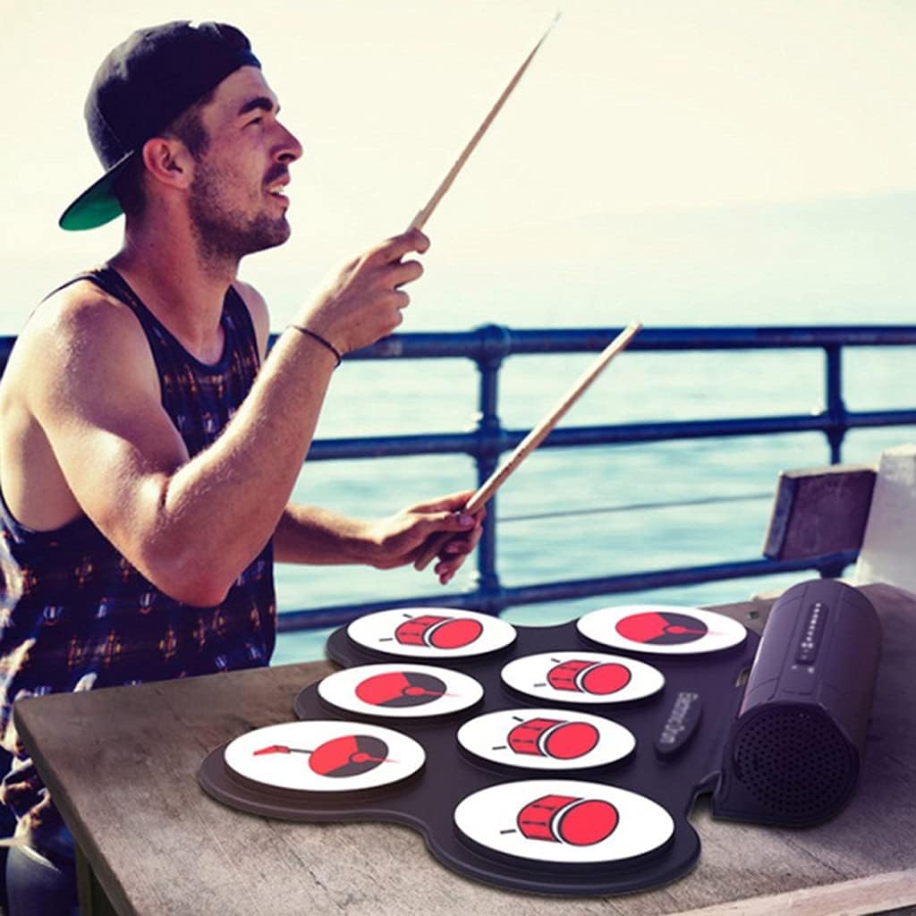 Silica Gel Electronic Drum Set Roll Up Portable Practice Pad Kit Built-in 2 Effect Pedals Drumsticks for Kids Beginners.