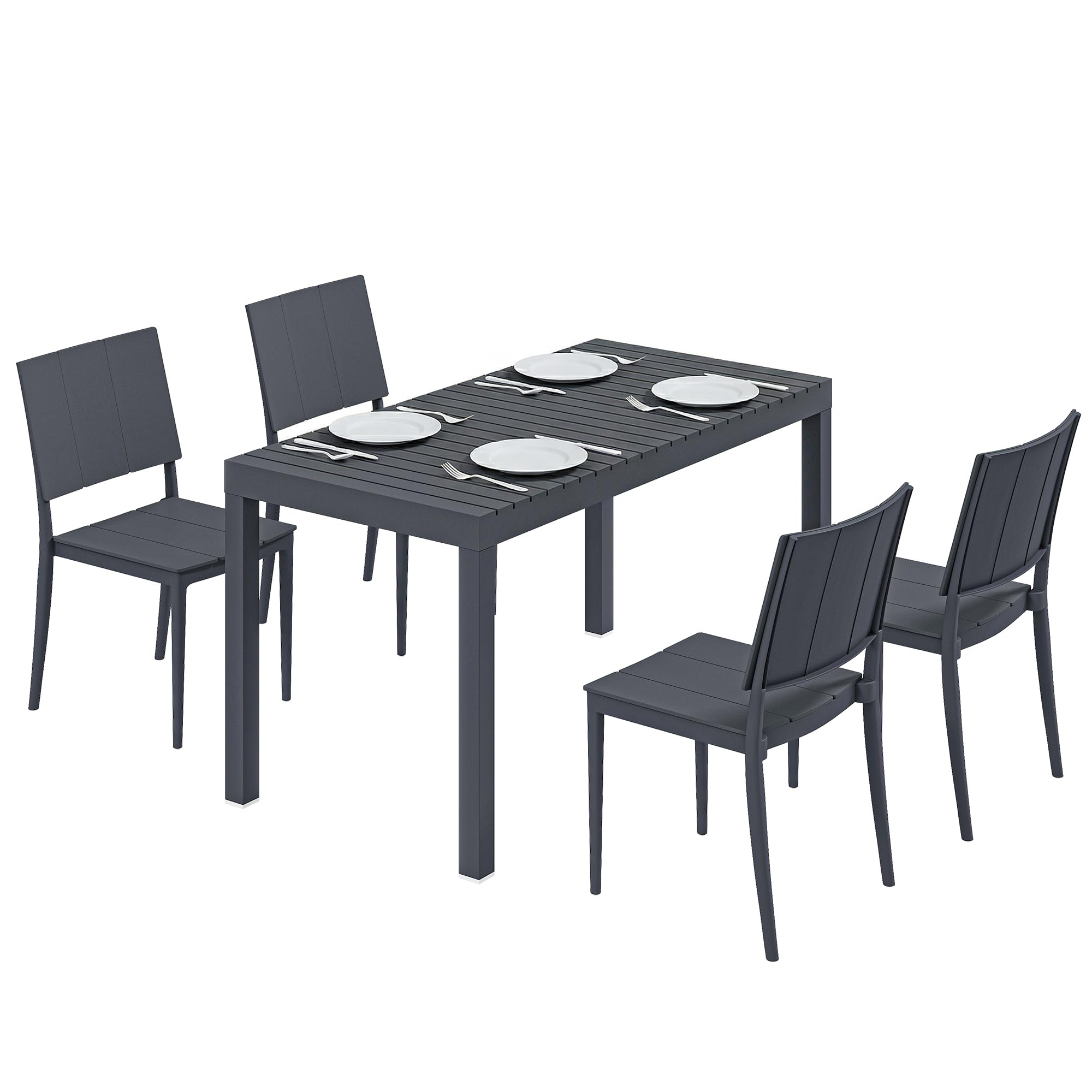 Outsunny Gartenmöbel Set Sitzgruppe 5-teilig Breiter Tisch mit 4 Stapelstühlen Lamelldesign, wetterfest Essgruppe für 4 Personen Gartenset Gartengarnitur für Garten Balkon Terrasse Dunkelgrau