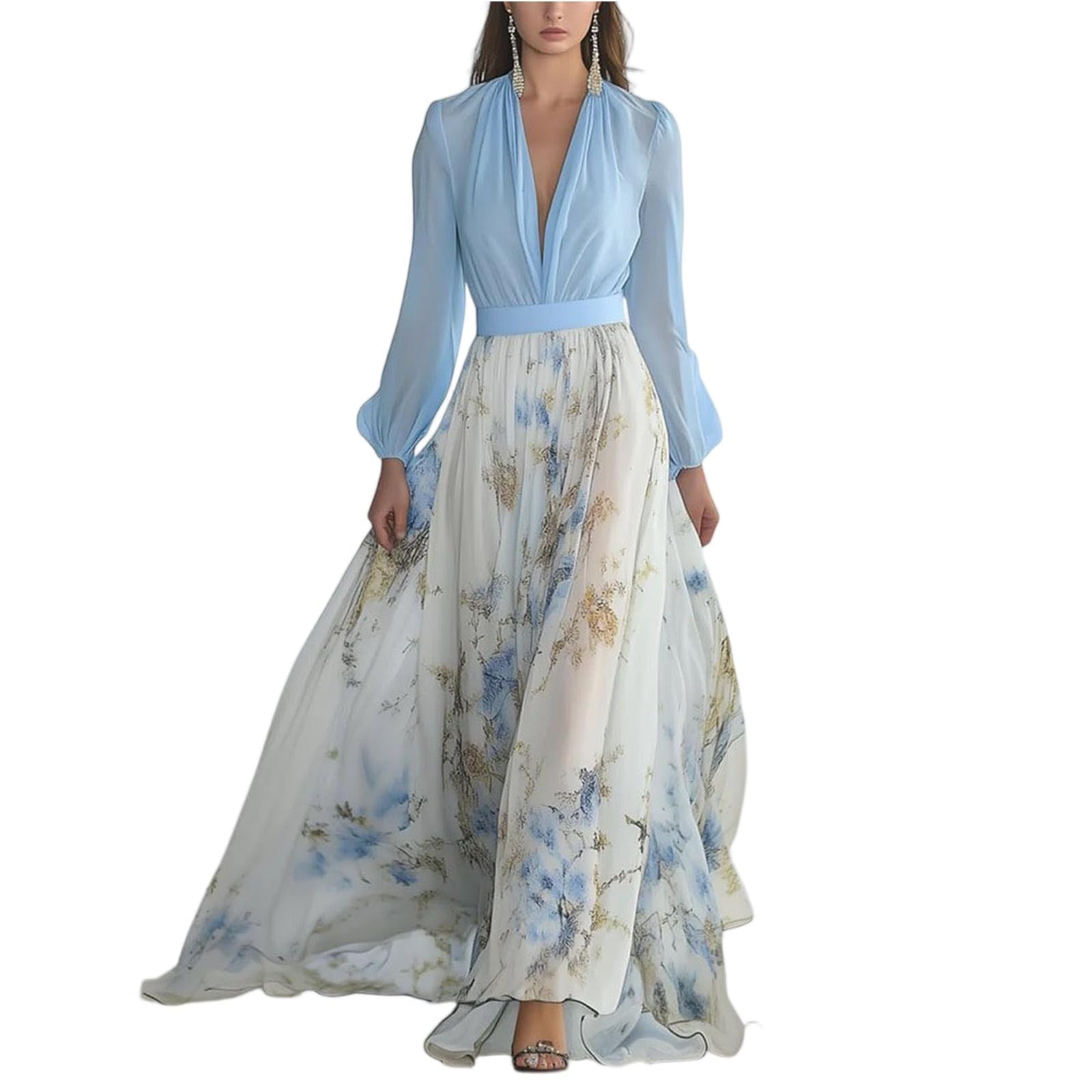 Vestido largo floral con cuello en V para mujer, vestido largo de manga corta, elegante vestido largo acampanado, traje formal de noche, perfecto para invitados de boda y ocasiones festivas