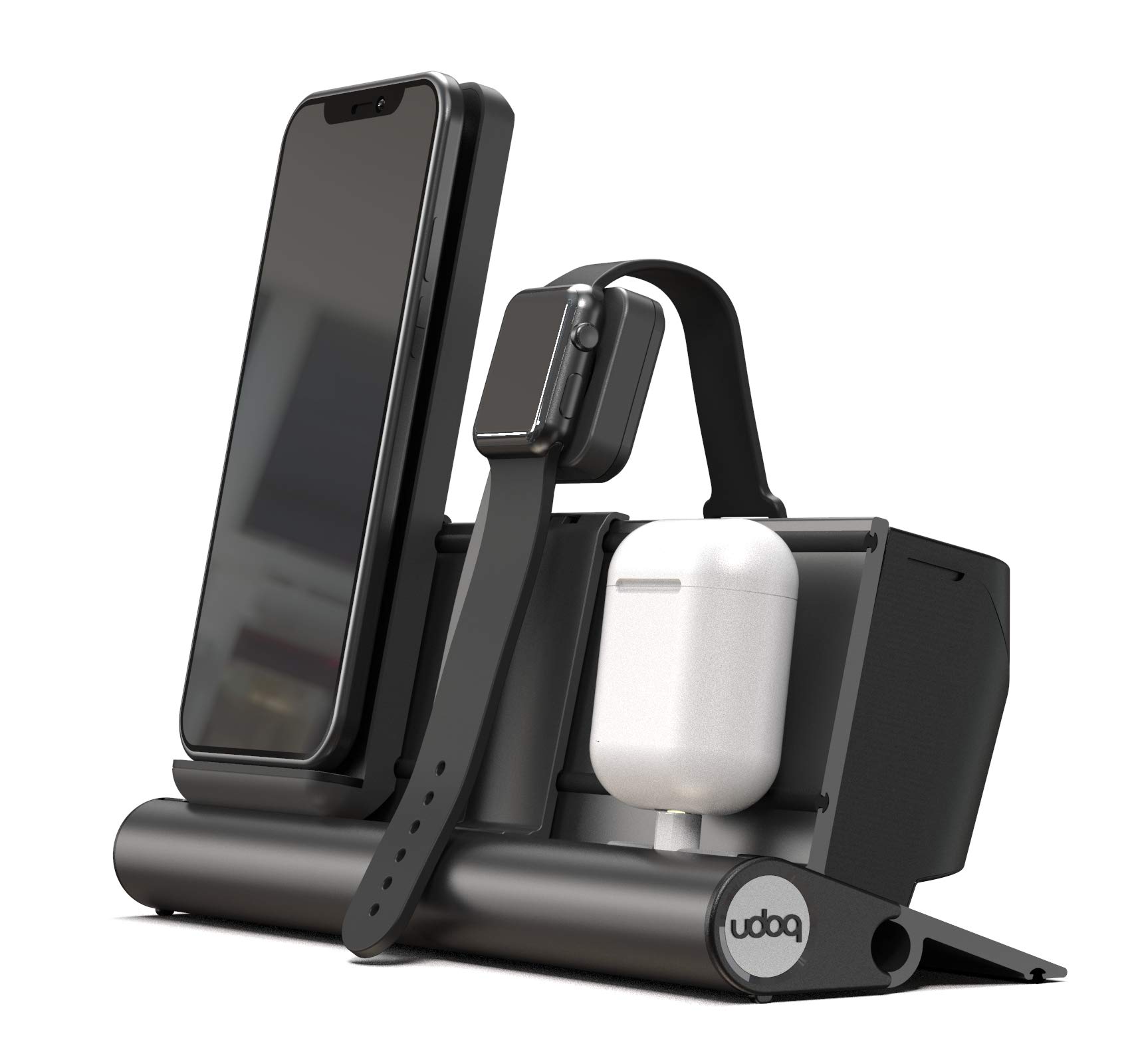 udoq 250 Ladestation für iPhone AirPods und Watch, mit Power Delivery Charger, solides Aluminium, deutsches Funktionsdesign, Dunkelgrau