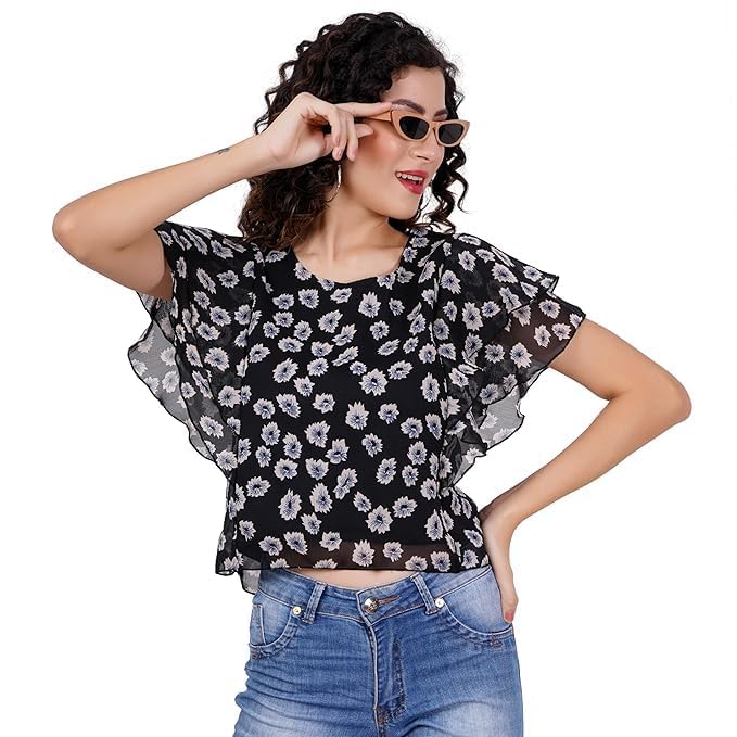 Image of Women's Pink Animal Printed Ruffle Sleeve Top, Western Style, Round-Neck