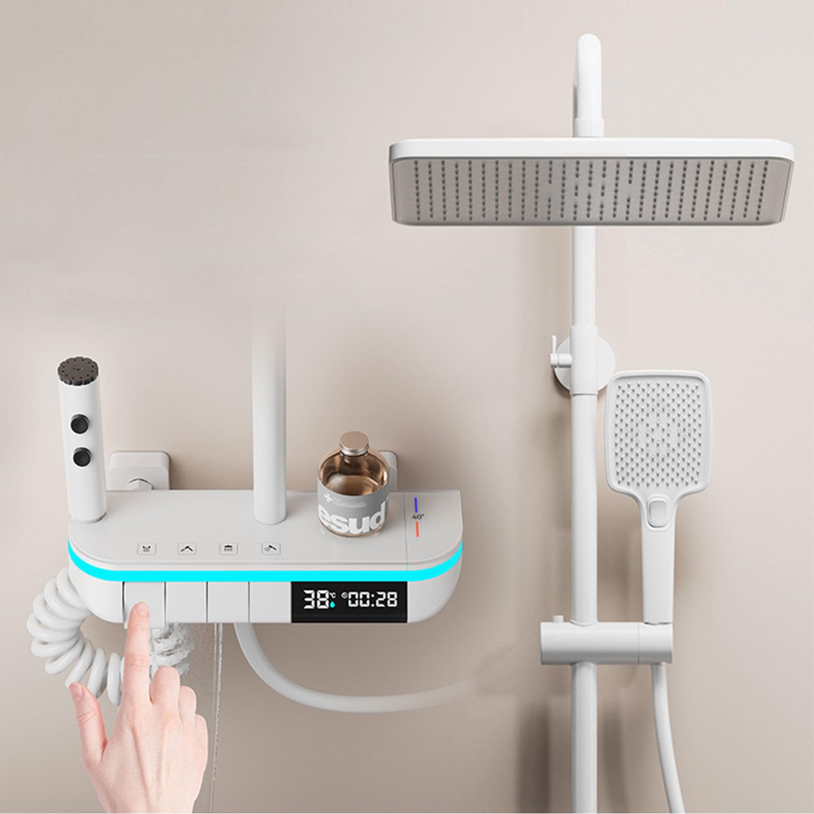 Système de douche thermostatique moderne avec pommeau effet pluie LED 30x20 cm