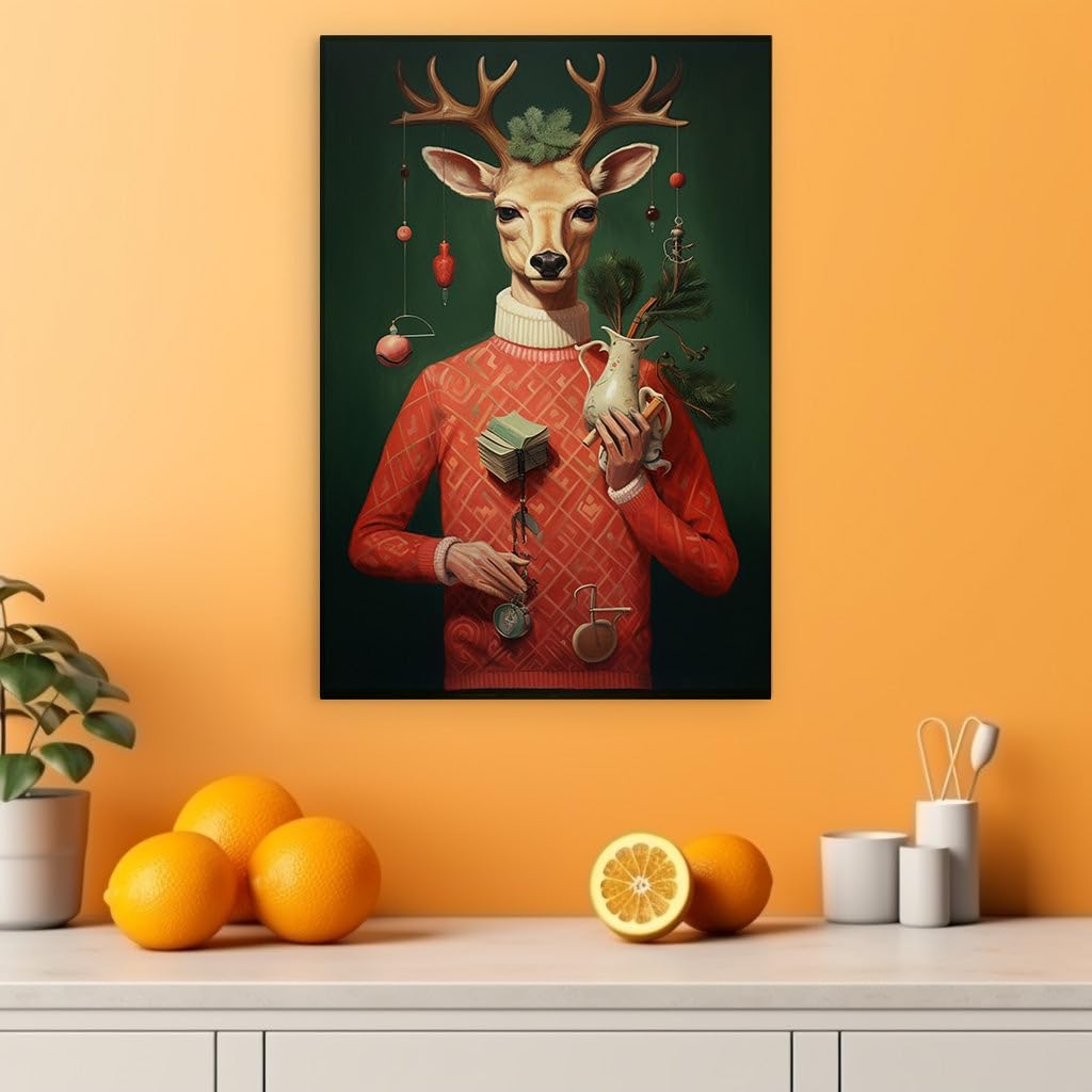 Canvas for Living room. Surreal Elegance: A Deer in Knitwear Bearing a Vase, 27 x 18 inch Canvas Wall Art - Contemporary Masterpieces - Nature Home Decor - 69x46 cm (27x18 inch)