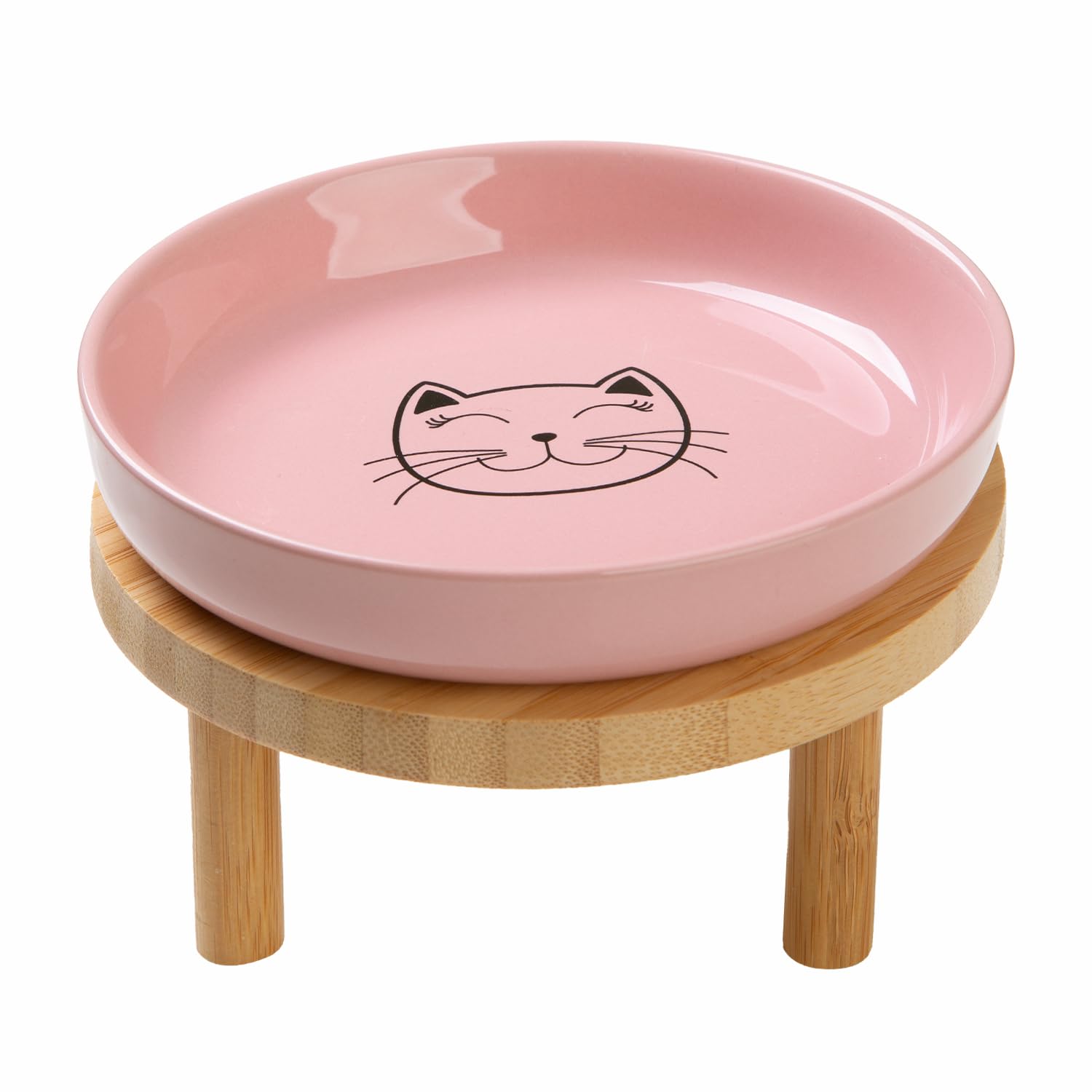 Shallow Elevated Cat Bowls,5.9 Inch Wide Raised Ceramic Cat Dishes with Bamboo Stand, Whisker Friendly Pet Water or Food Plates Feeding Station for Indoor Cats, Kitten(Pink,Set of 1)