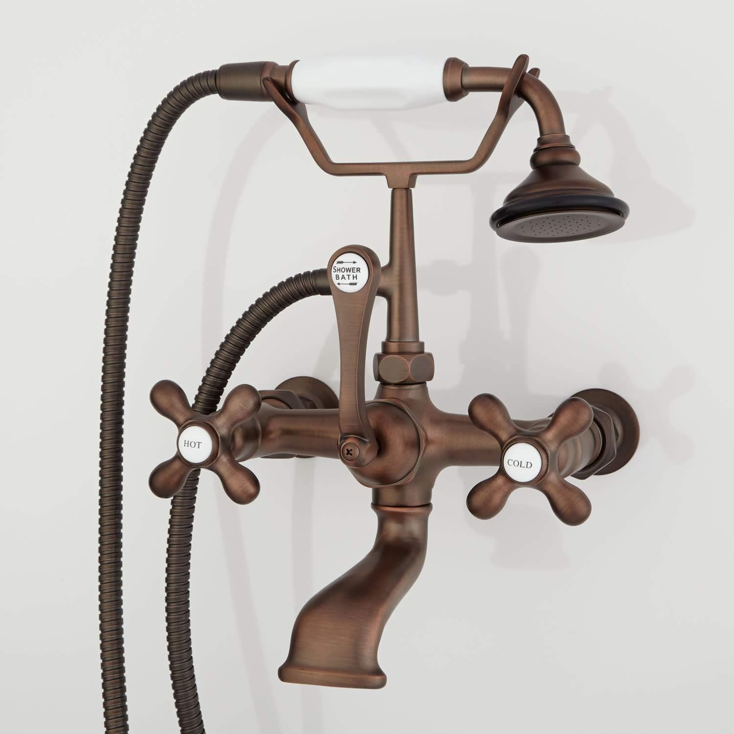 Signature Hardware 314176 Wall Mounted Tub Filler Faucet with 2" Wall Couplers, Cross Handles, and Lever Diverter - Includes Hand Shower, Valve Included