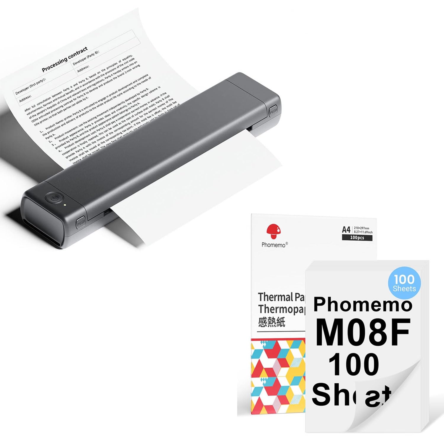 Phomemo M08F Stampante Portatile Grigia con 100 Fogli Carta Termica A4 Doppio Lato, Stampante Mobile Bluetooth Senza Fili per Viaggi, Auto, Ufficio & Casa, Stampa Senza Inchiostro