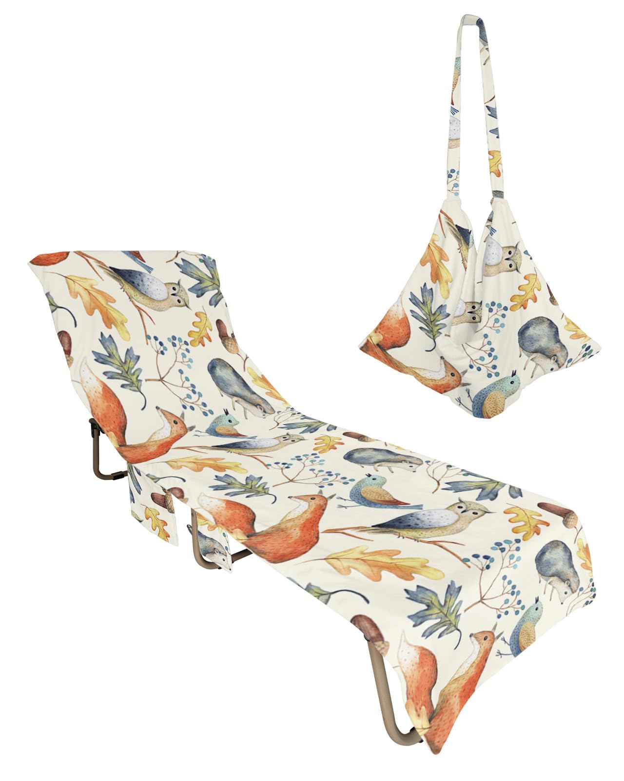 Fall, Beach Lounge Chair Towel Cover, Soft Chaise Lounge Towel with Side Pockets Patio Pool Chairs Cover for Beach/Pool Sunbathing 29x85 Leaves Flowers Cartoon Owl Fox Harvest Festival Acorn