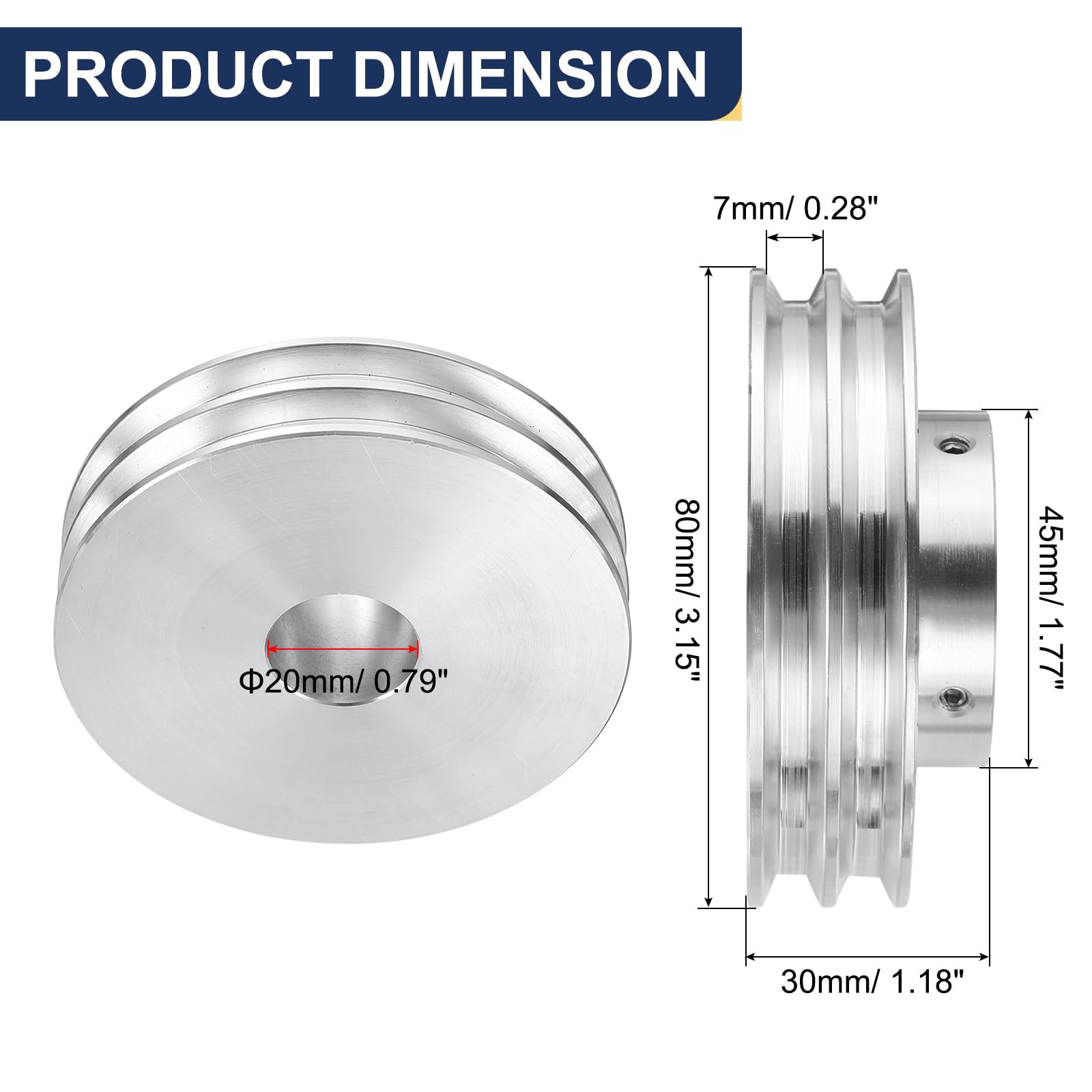 QUARKZMAN Puleggia a V Foro 20mm Diametro Esterno 80mm Doppia Scanalatura in Lega di Alluminio per Macchina da Trapano per Albero Motore 6mm(1/4") Cintura Sagomata in PU