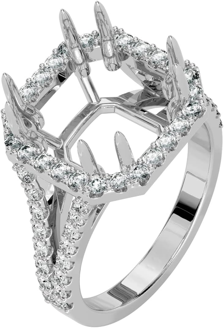 PEORA 14K Gold G-H/VS Lab Grown Diamond Semi Mount Ring Setting, Fits 10mm Princess, Asscher or Square Cushion Stone, 0.65 Carat total, Sizes 4 to 10