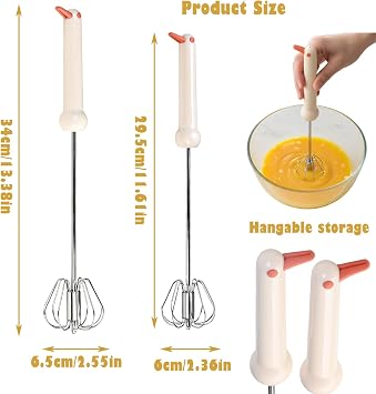 2 Pcs Semi-Automatic Stainless Steel Hand Whisk, Durable Egg Whisk for Kitchen Baking Tools, Push Rotating Mixer for Whisking, Beating, and Stirring
