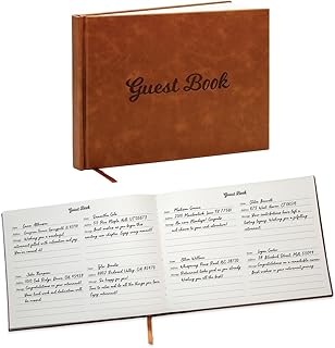Brown PU Leather Guest Book - 9.5 x 7 Embossed Guestbook with Name Address Message Lines for Wedding Funeral Retirement Party, 140 GSM Paper, 120 Pages