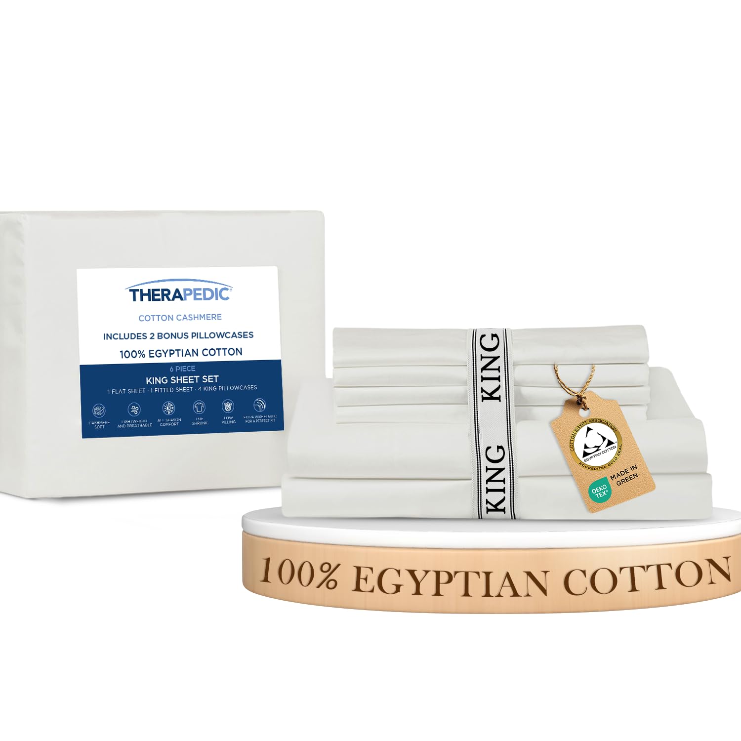 Therapedic 100 Egyptian Cotton King 6-Piece Sheet Set Naturally Cooling Breathable Sateen Preshrunk Garment Wash 16 Deep Pocket