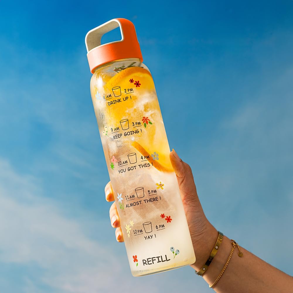 Borosil Neo Motivational Time Marker Glass Water Bottle | 1000 ml, Borosilicate Glass, Extreme Temperature Resistant, Leak Proof, For Beverages, Juices, Water, Infused Waters, Iced Teas