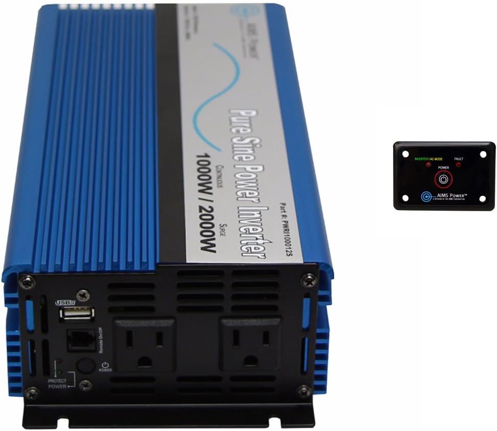 AIMS Power PWRI100012120S-REMOTE 1000-Watt 12V Pure Sine Wave Power Inverter with Remote Switch, 1000W Continuous Power, 2000W Surge Peak Power, USB Port, Dual AC Receptacles, On/off Switch