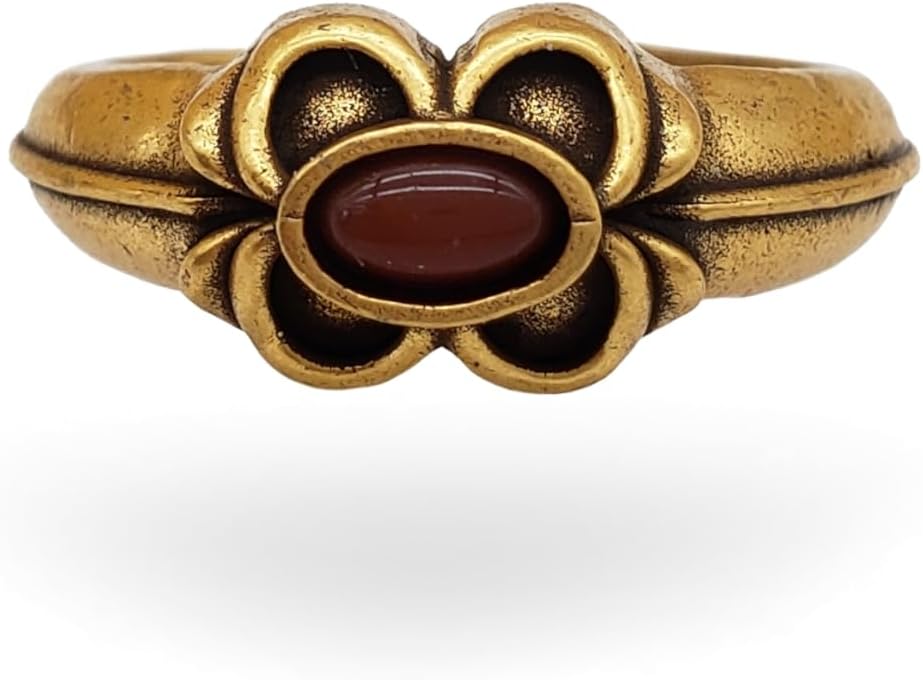 Four Leaf Ring - Antiqued Gold Finish - Adjustable - Carnelian Stone - Tudor Eworth Inspired