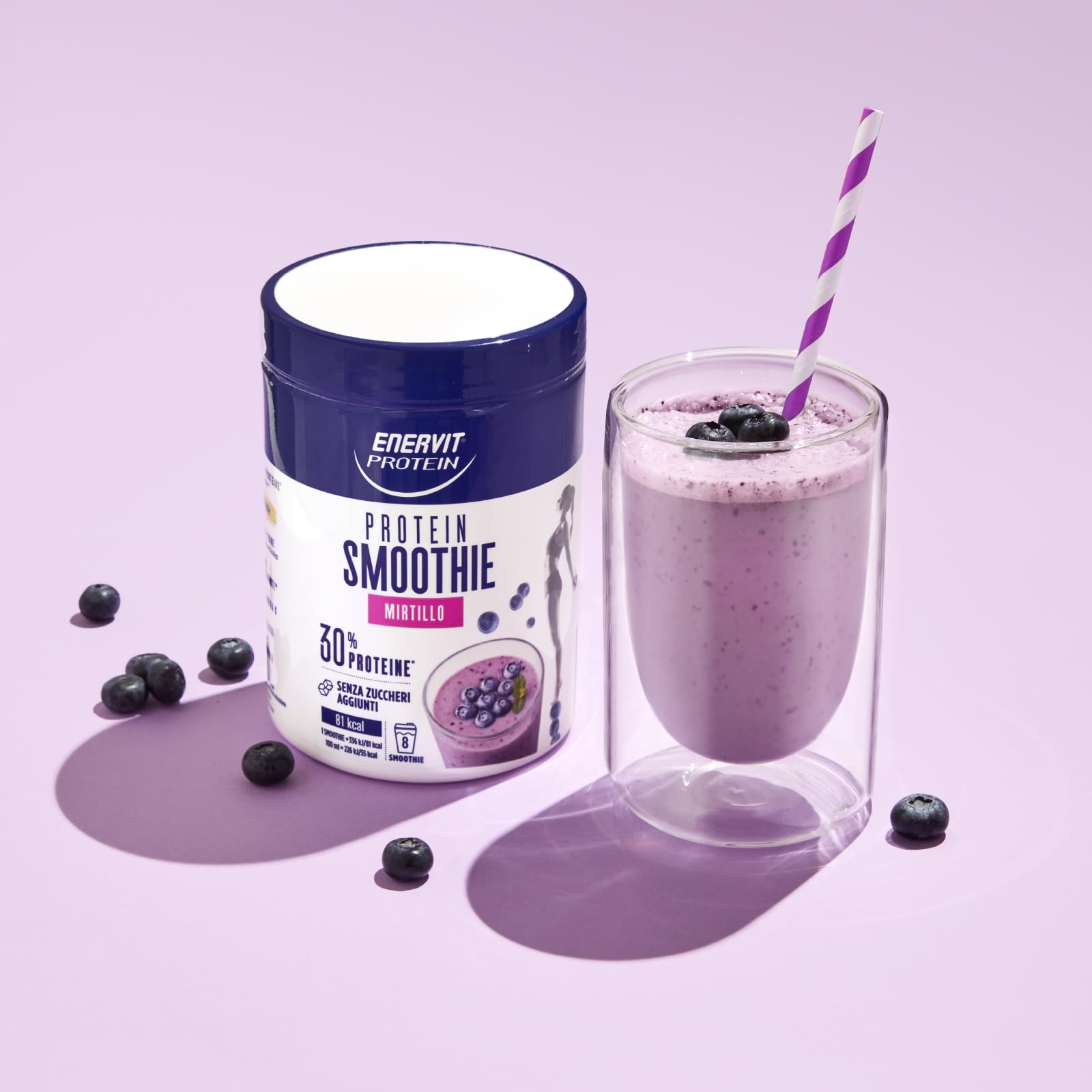 Enervit Protein, Smoothie al Mirtillo, 30% di Proteine, Senza Zuccheri Aggiunti, Per una Pausa Fresca e Proteica, Senza Grassi, 1 Smoothie = 81 kcal, Gusto Mirtillo, VeganOK, Barattolo da 320g