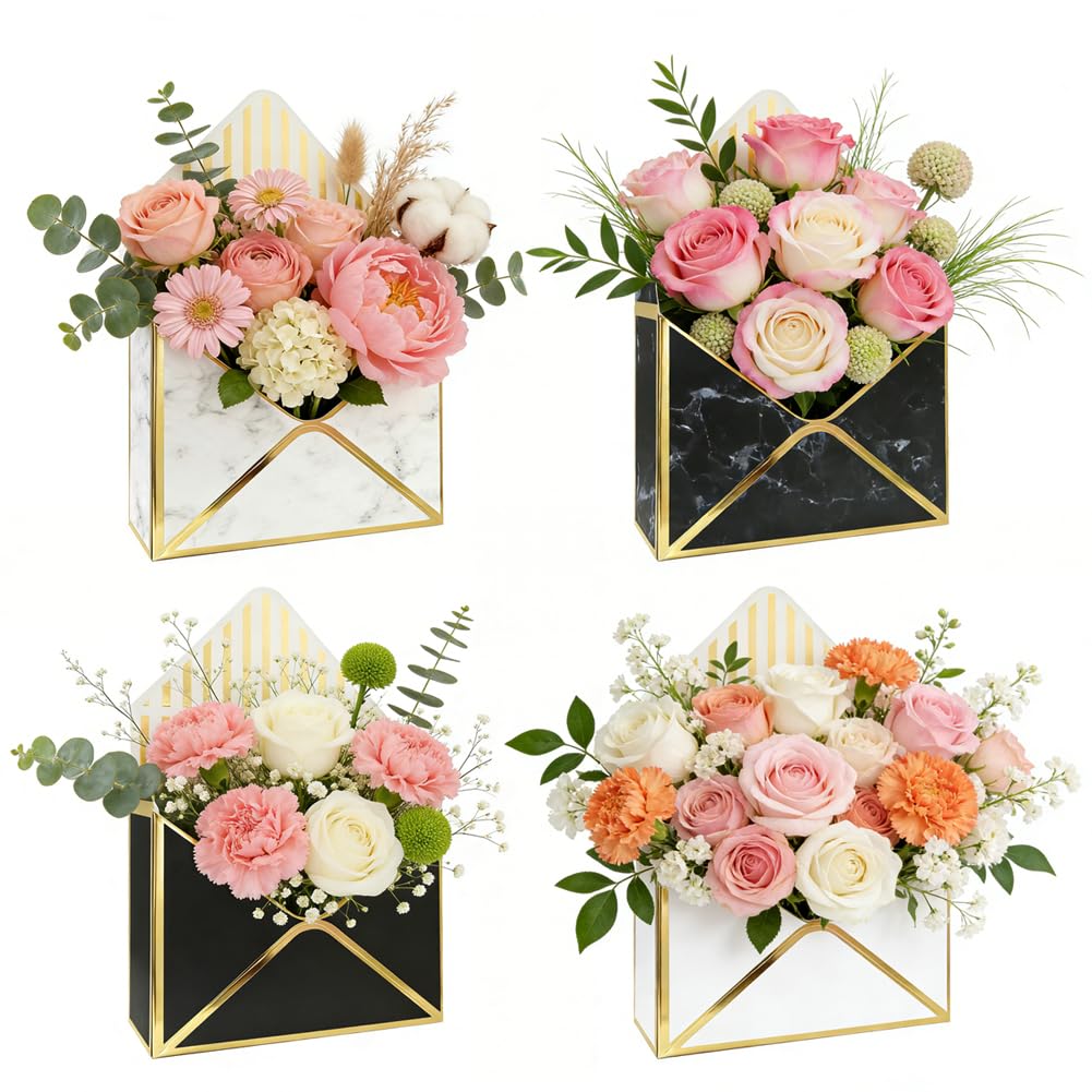 4 Pieces Flower Arrangement Boxes Marbling Florist Bouquet Envelope Box Packaging Gift Paper Boxes for Mother's Day Wedding Engagement Valentines Day Birthday Graduation Decoration