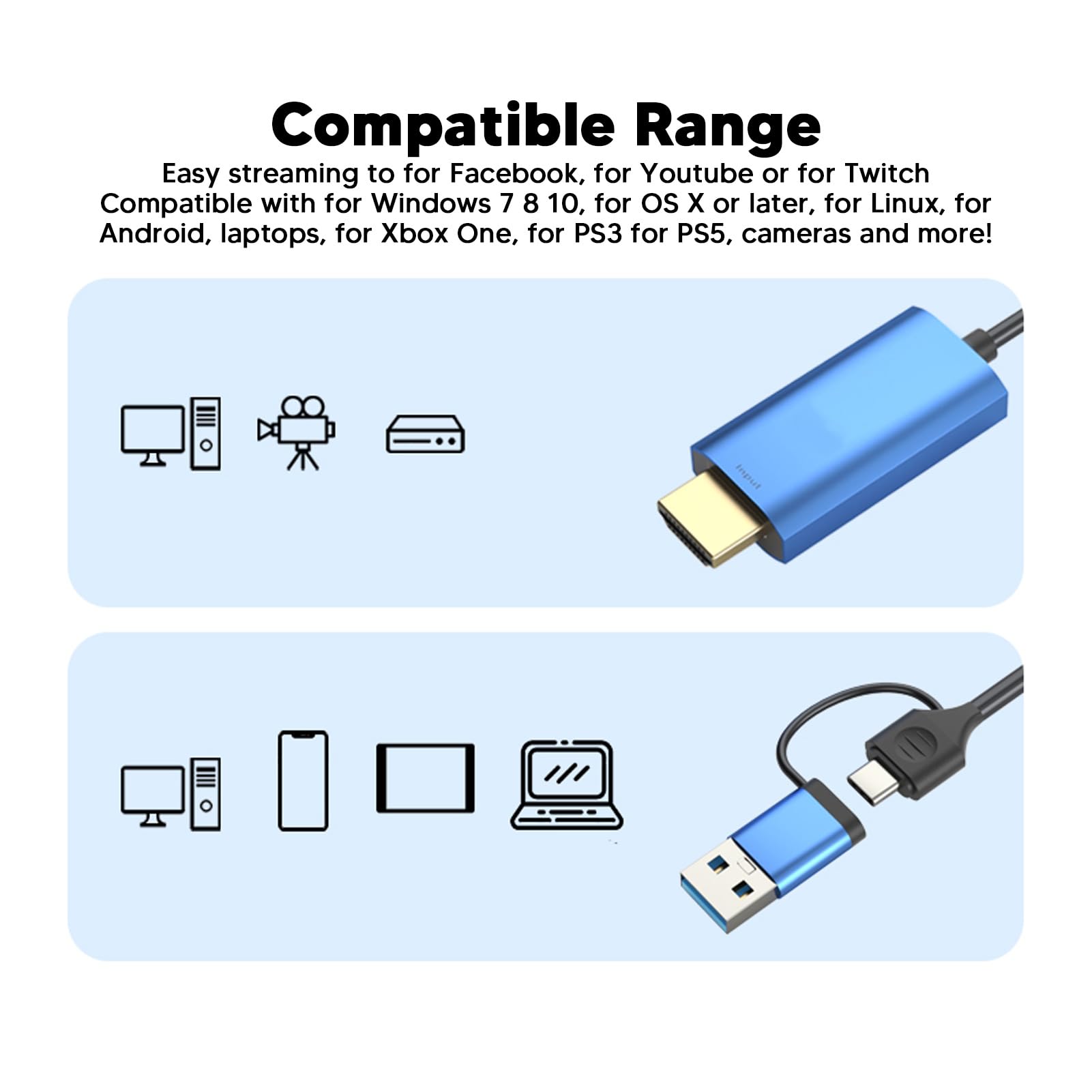 Video Capture Card HD Multimedia Interface Type C USB3.0 1080P 60FPS Game Capture Card for One and Aluminum Shell Real Time Recording Live Streaming Plug and Play