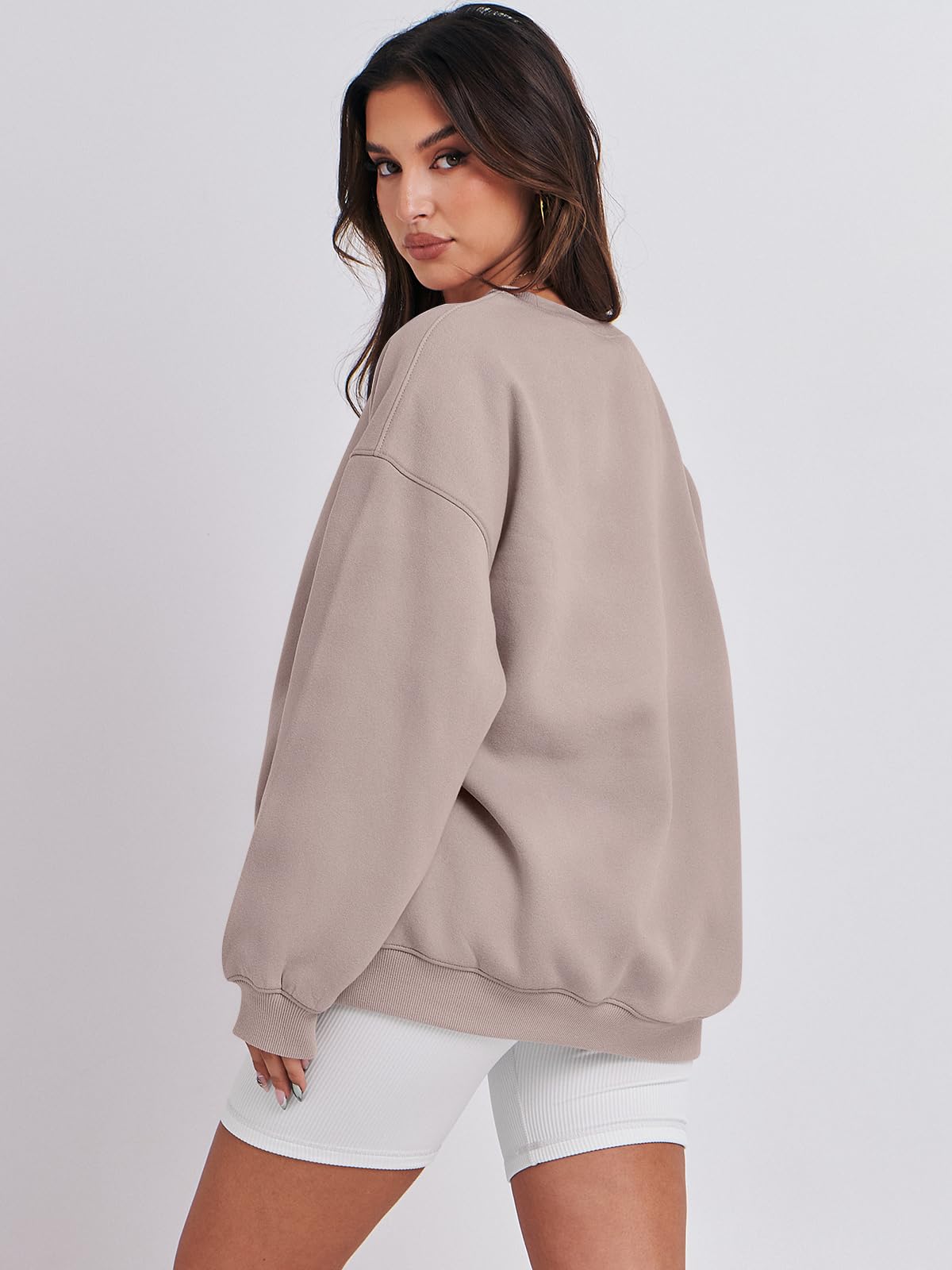 Damskie bluzy oversize bluzy z kapturem polar okrągły dekolt sweter top codzienne jesienne stroje preppy ubrania nastolatki 2024 A1019 światło, Jeden kolor, Light Khaki_XL