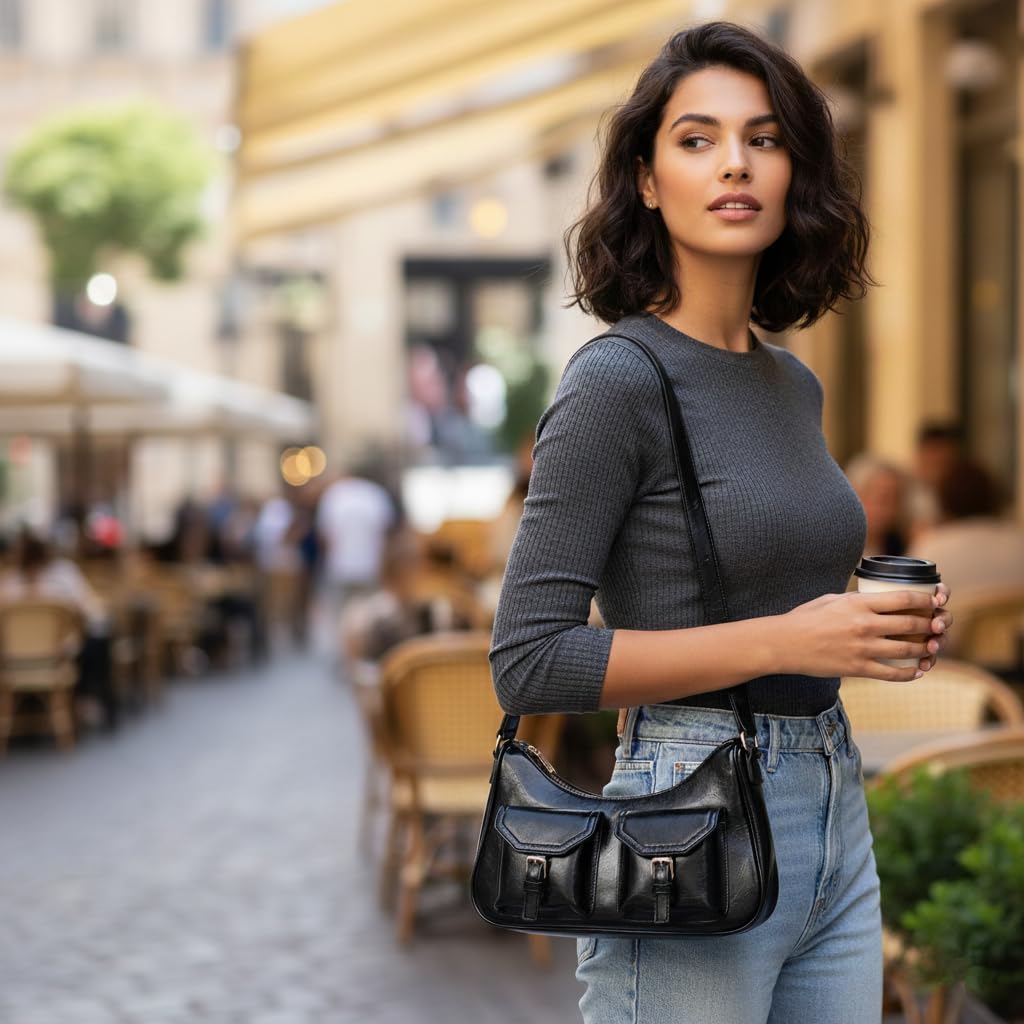 Dasein Retro Shoulder Purse for Women Faux Oiled Leather Hobo Bag Y2K Handbag with Buckle Pockets