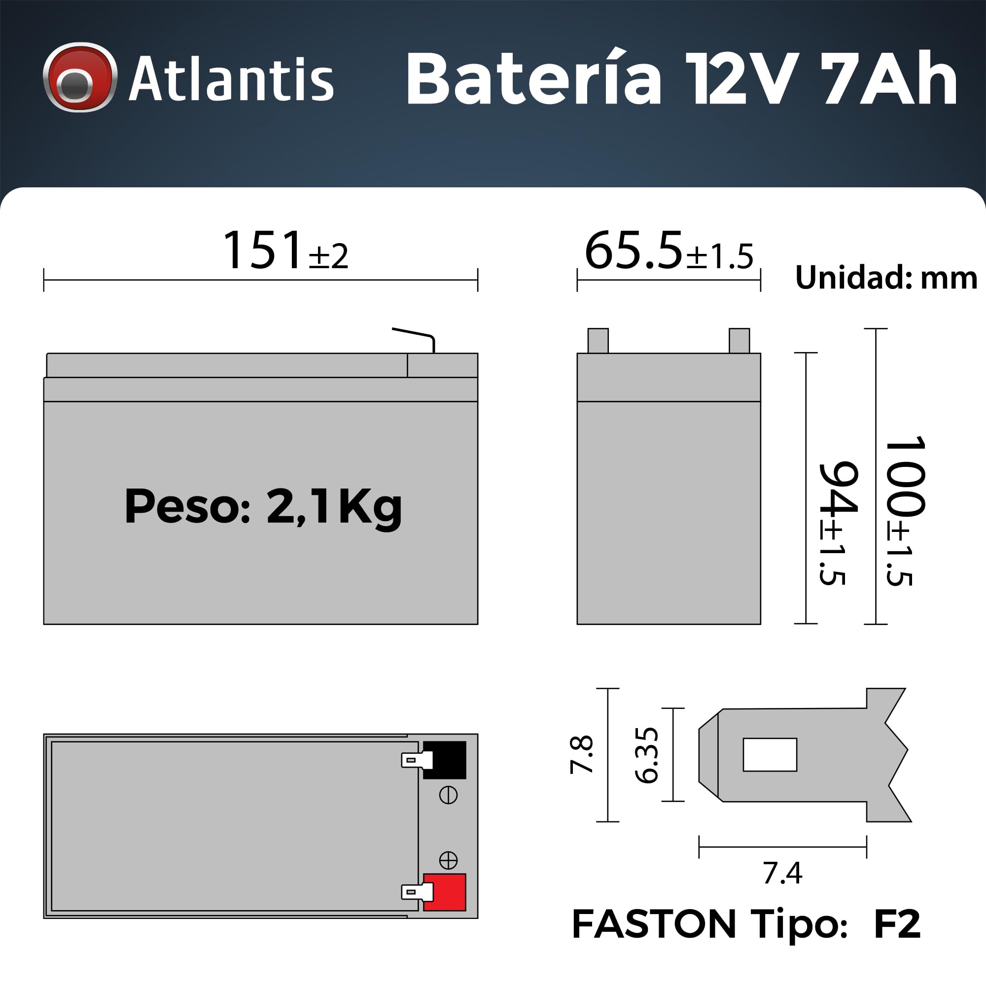 Atlantis batería de Plomo hermética (VRLA) 12 V 7 Ah, para Sistemas de alimentación ininterrumpida (SAI), videovigilancia, Alarma, Movilidad eléctrica, Juguetes, faston F2 6,3 mm, A03-BAT12-7.0A