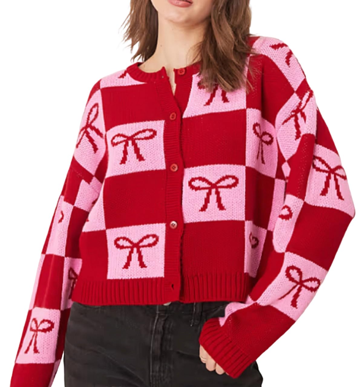 Women Cute Heart Cardigan Sweaters Valentines Day Knitted Cardigans Y2k Button Down Open Front Cropped Sweaters