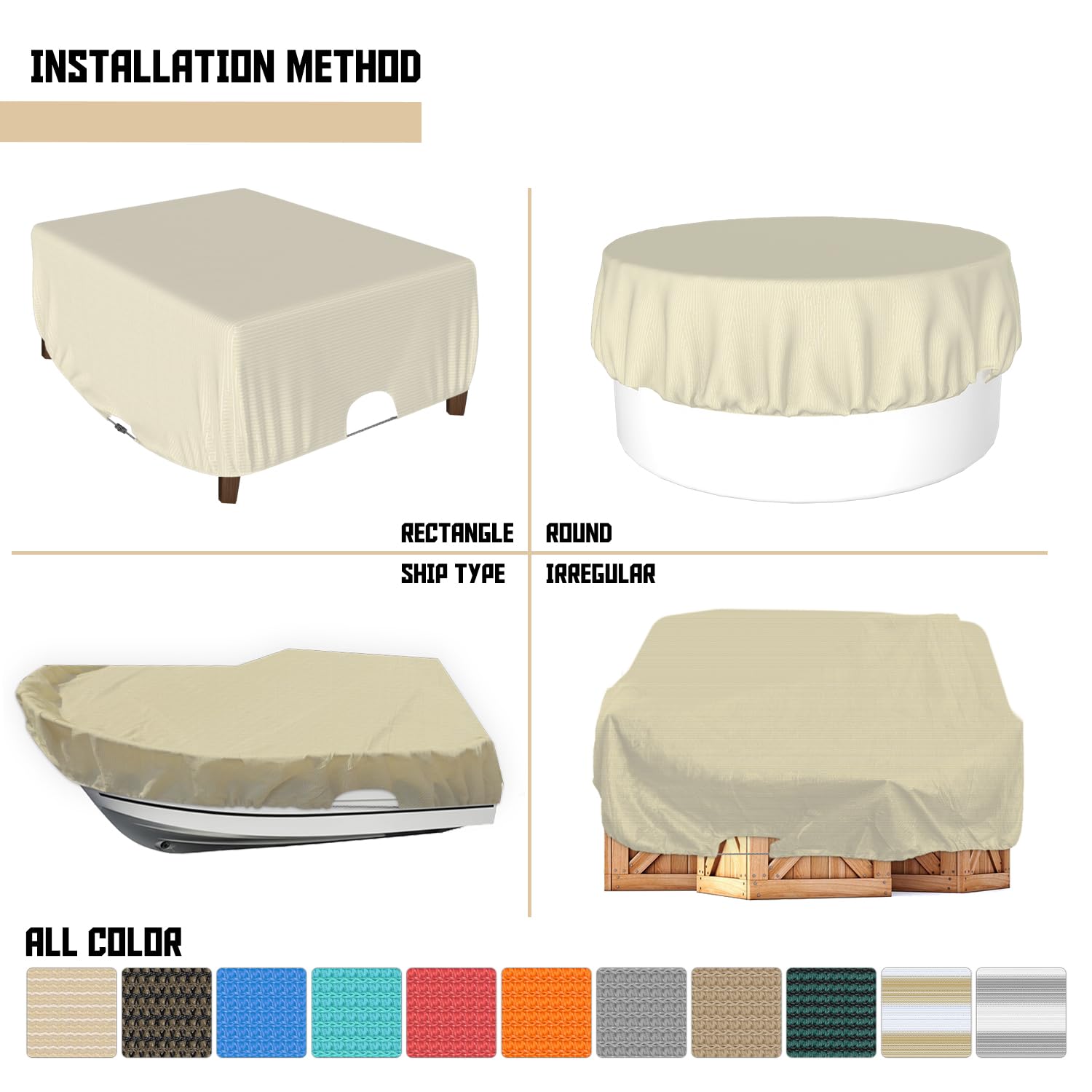 Bynbbur 14 FT Round Patio Furniture Cover Outdoor Table Chair Set Covers Car Cover Trampoline Cover Wire Rope Hemmed All Edges, Sturdy Cover for Outdoor Furniture Set (Beige)