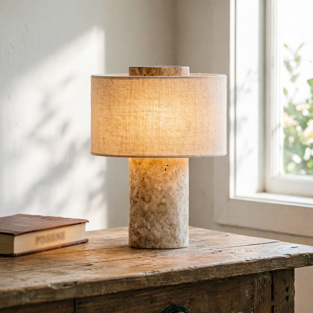 Lámpara de mesa de mármol, lámpara de escritorio de piedra natural y tela, decoración sencilla de lujo for habitación, lámpara de mesita de noche for dormitorio, sala de estar(Travertine,Plug-in)