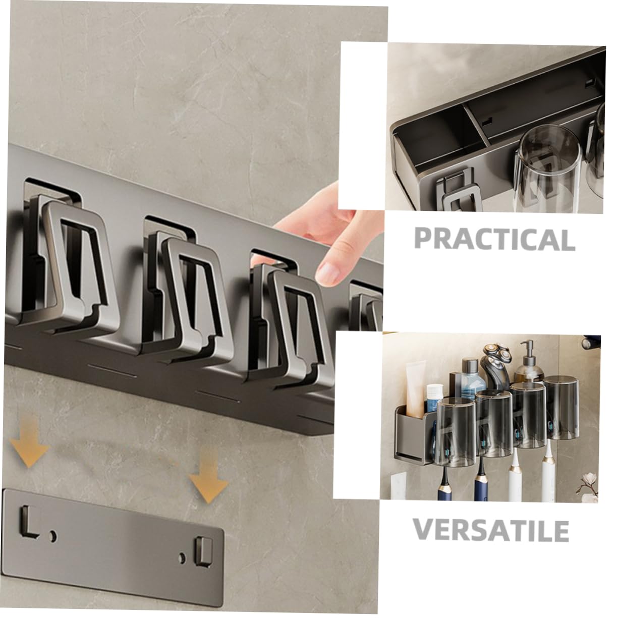 POPETPOP Porta Spazzolini da Muro in Alluminio Spaziale senza Fori Supporto per Bicchiere e Rasoi, Design Moderno e Semplice per Bagno Piastrelle in Ceramica o Vetro
