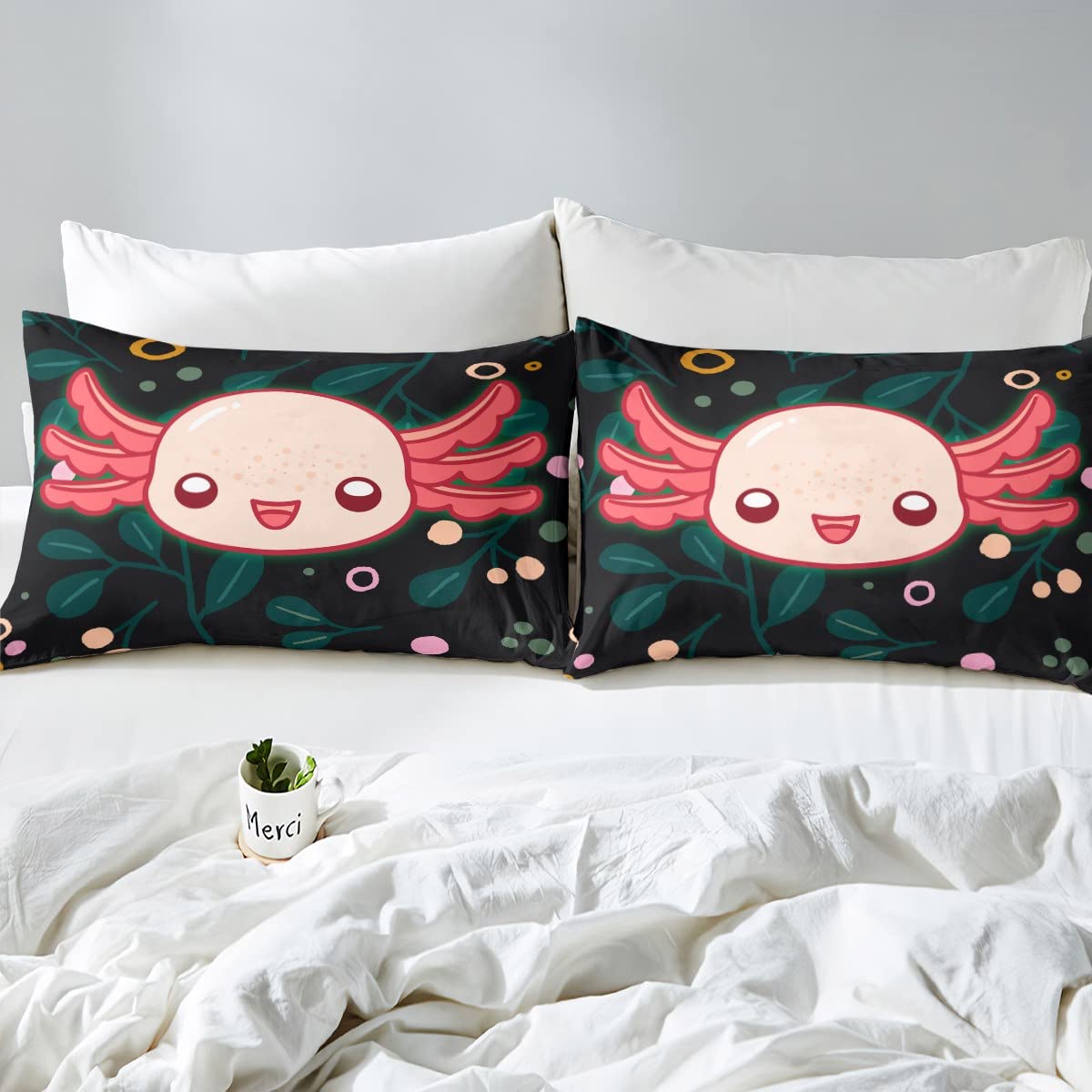 Kawaii Axolotl zestaw pościeli kreskówka axolotl zestaw kołdry dla dzieci chłopców dziewcząt 3D zwierzęta puchowa kołdra oddychająca salamandra zielony liść poszewka na kołdrę / zestaw pościeli King