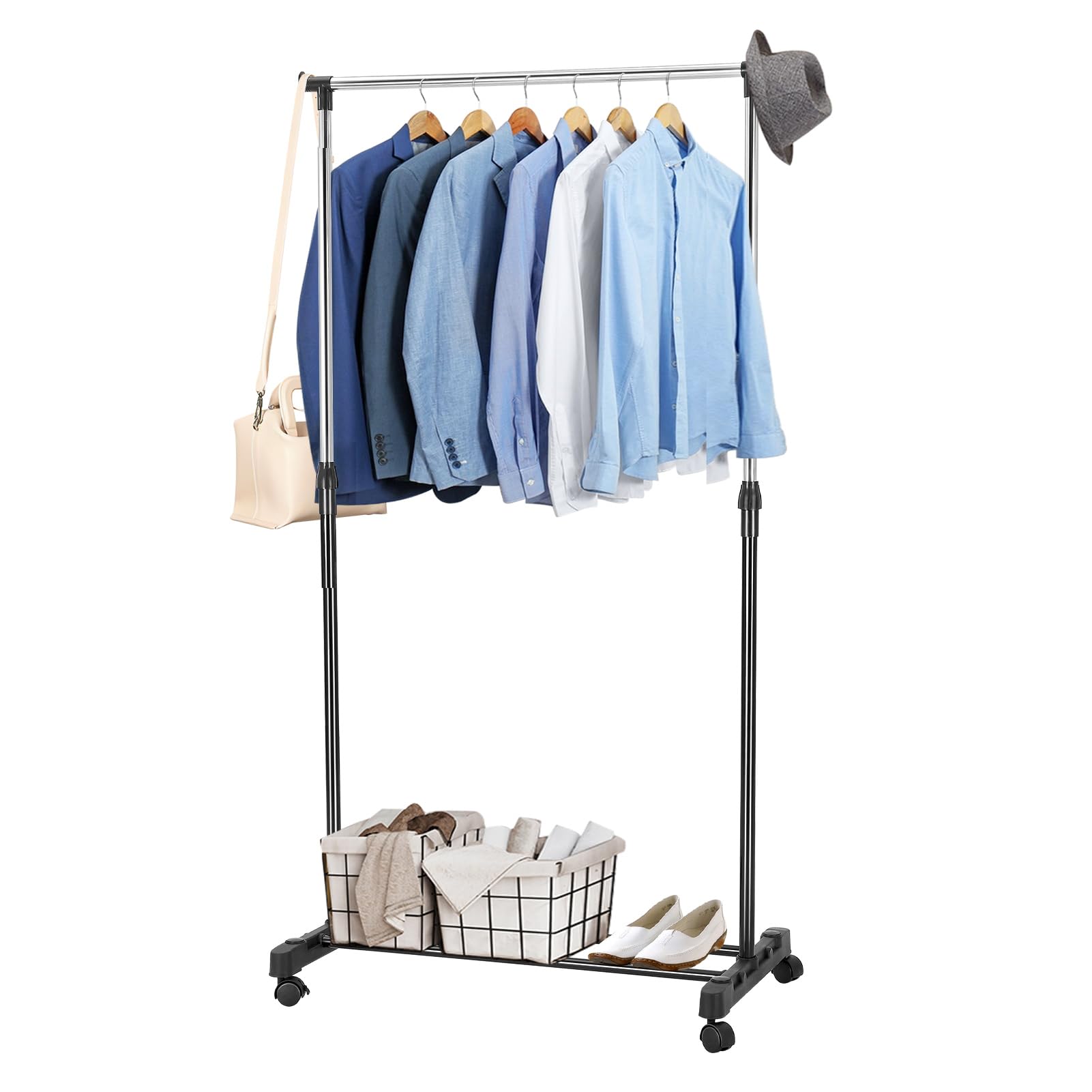 M.J COMFY-LIFE Clothes Rail with Wheels Extendable Clothes Rack Small Portable Clothing Rail for Bedroom Hanging Rail Adjustable Dress Coat Rack Tidy with Storage Stand (Black, Single rail)