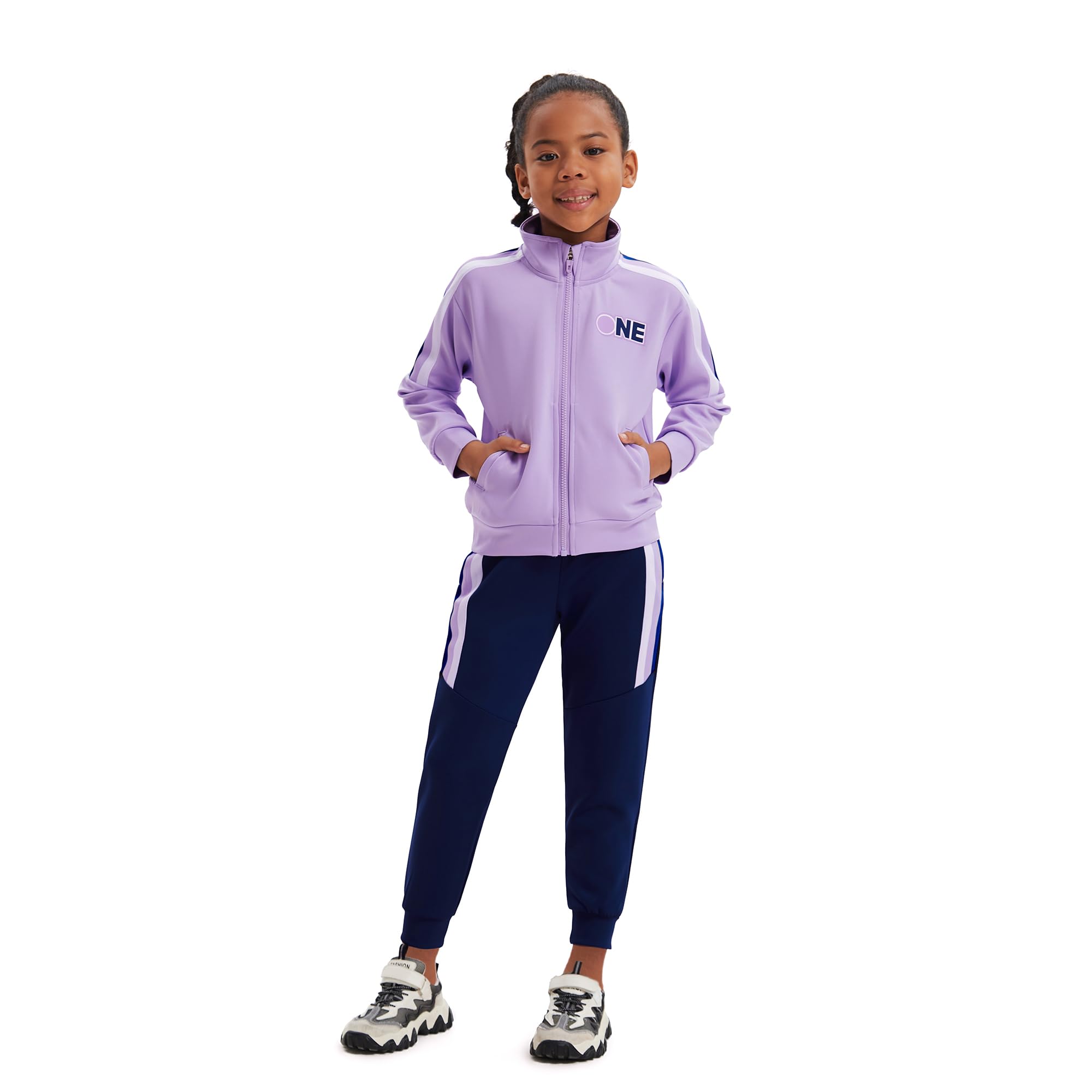 2Pack Mädchen Kinder Outfits Trainingsanzug Set gestreift Bomber Brief drucken Zip Up Crop Top Langarm mit Taschen unten Sport authentisch Jogger Kordelzug Hose für Alter 4-15 Jahre