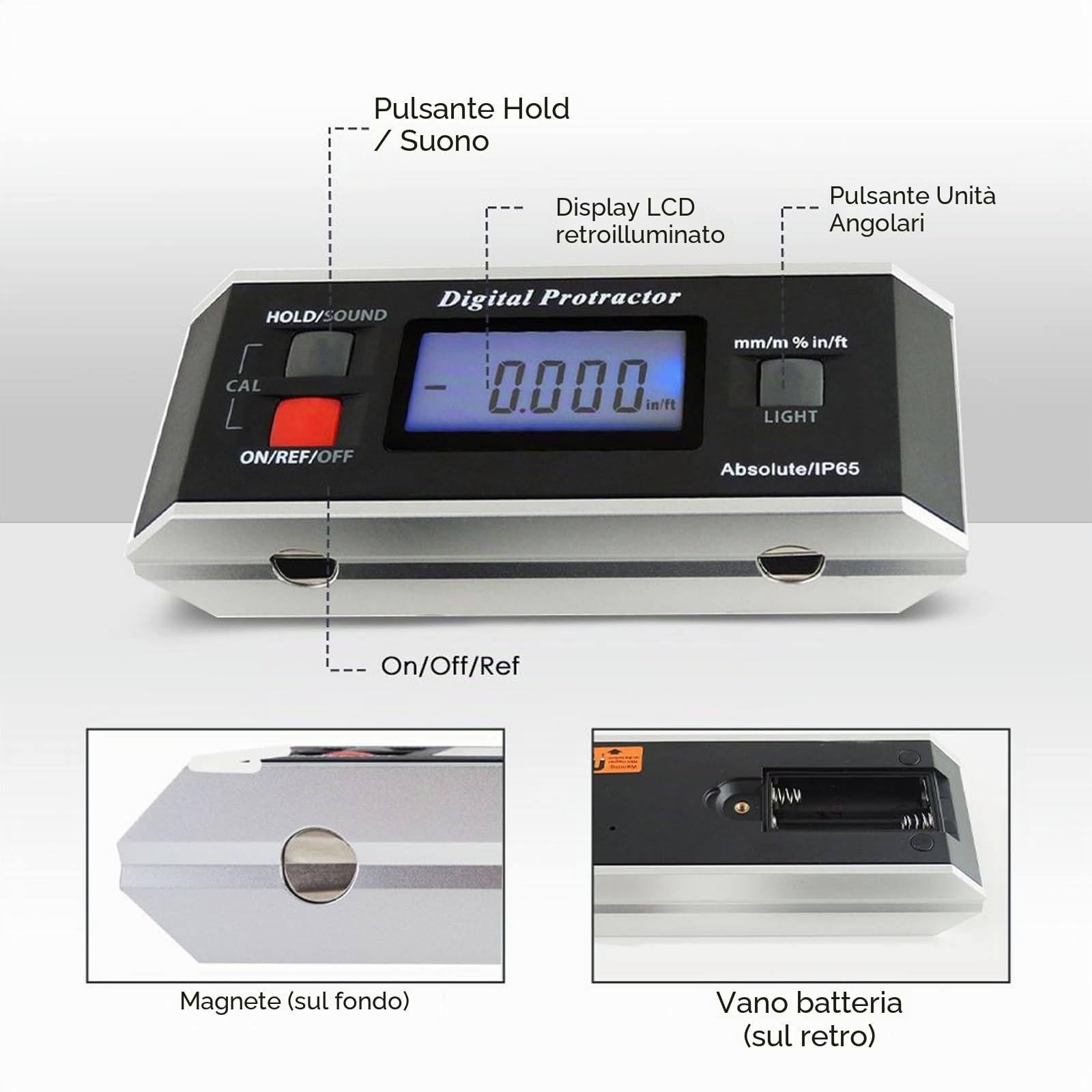 Digital Angle Finder Goniometro Magnetico Inclinometro Misuratore di Livello Angolo Strumento Goniometro Digitale Misuratore smussato per la lavorazione del legno, sega da tavolo, Costruzione V-Groove
