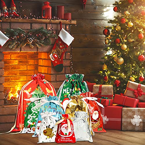 IMISHM Christmas Drawstring Gift Bags Christmas Wrapping Bags Xmas Treats Bags Christmas Party Favor with Ribbon Ties Christmas Gift Bags