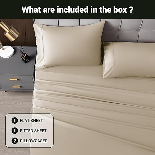 Miniatura 7 de Shilucheng - Juego de sábanas de bambú transpirable de 1800 hilos, súper sedosas, con 16 pulgadas de profundidad, 4 piezas (California King, beige)