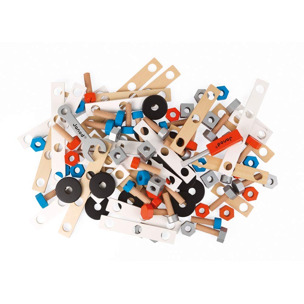 Janod - Brico'Kids - Cubilete con 100 Piezas, en Madera, Juego de Construcción E Imitación, 5 Esquemas Incluidos, Desarrollo de La Motricidad Fina y de La Creatividad - Desde Los 3 Años, J06479