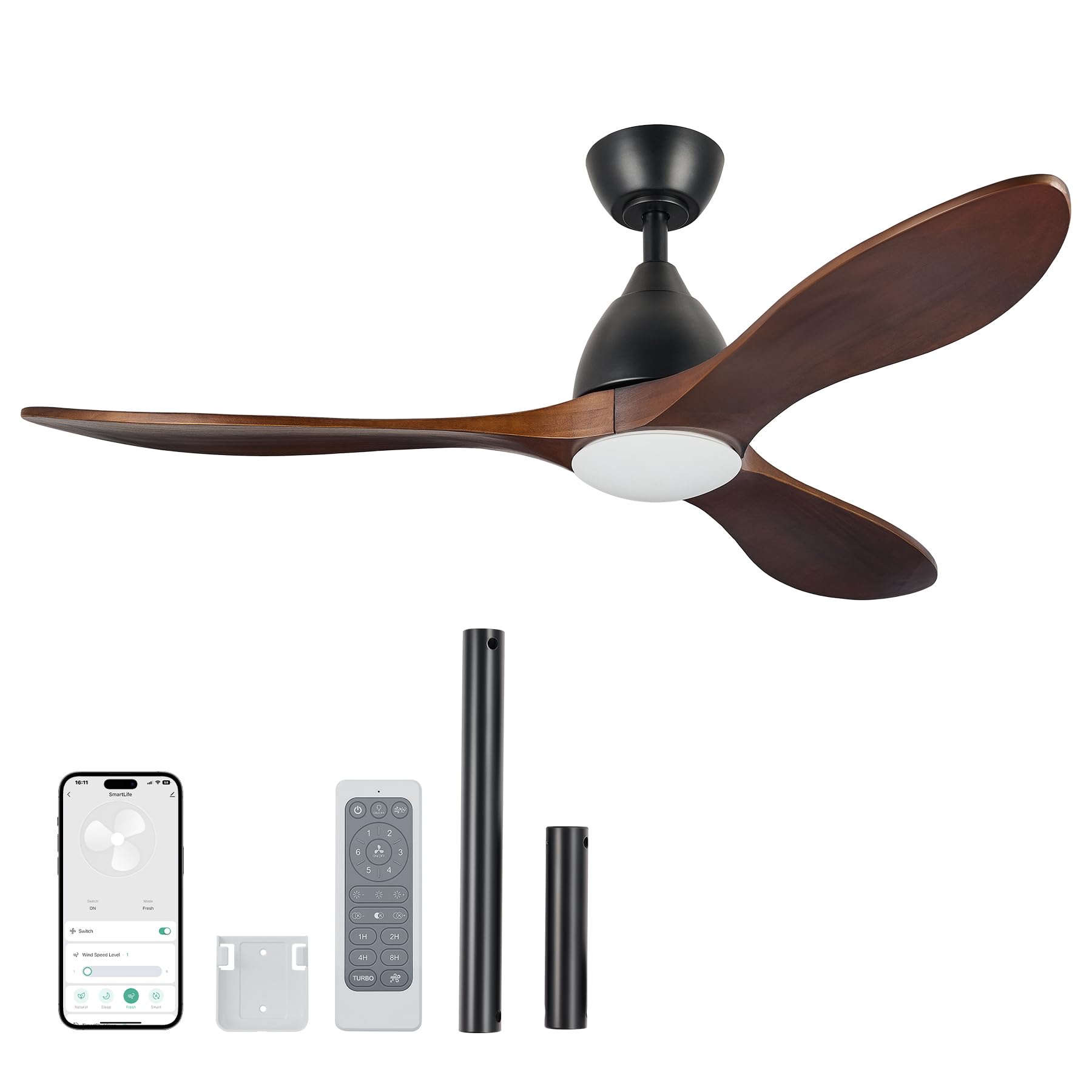 VONLUCE Deckenventilator mit Beleuchtung und Fernbedienung, 132 cm, 3 Flügel, leiser 6-stg. DC-Motor mit rev. Funktion & Timer, für Schlafzimmer, Wohnzimmer, Büro, Terrasse, Walnuss