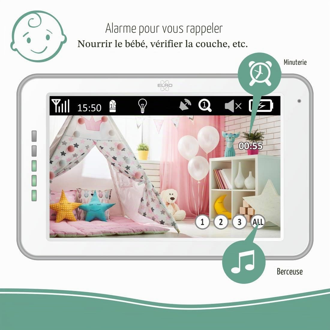 ELRO Moniteur pour bébé BC3000-2 Royal avec écran tactile HD de 12,7 cm et application avec caméra supplémentaire, 1 pièce (lot de 1)