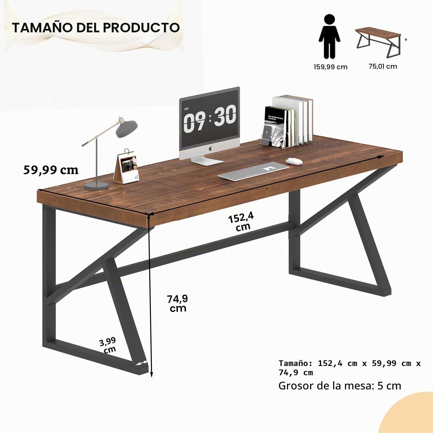 Escritorio de madera auténtica IBF, 152 cm, rústico, para oficina en casa, mesa de estudio de madera maciza, para escribir, juegos, trabajo, marrón