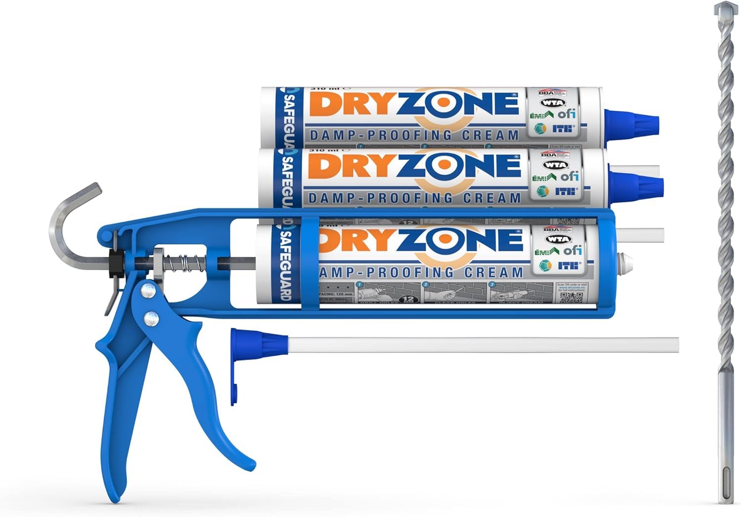 Dryzone Horizontalsperre Set - Gegen feuchte Wände und aufsteigende Feuchtigkeit - WTA zertifizierte Feuchtigkeitssperre fürs Mauerwerk, auch für Kellerwände (3 x 310 & Kartuschenpresse)