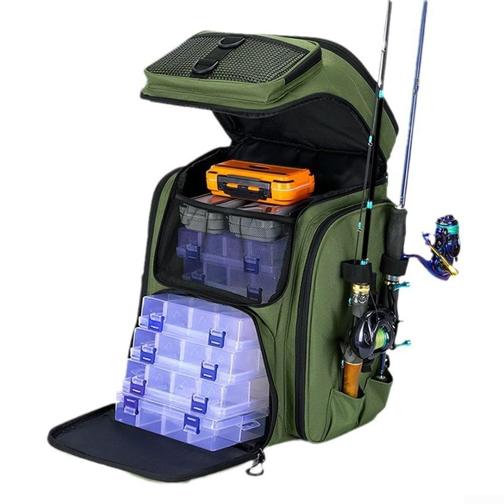 Zaino da pesca di grande capacità con porta canna e comode tracolle, progettato per attività all'aperto, tra cui pesca ed escursionismo (verde)