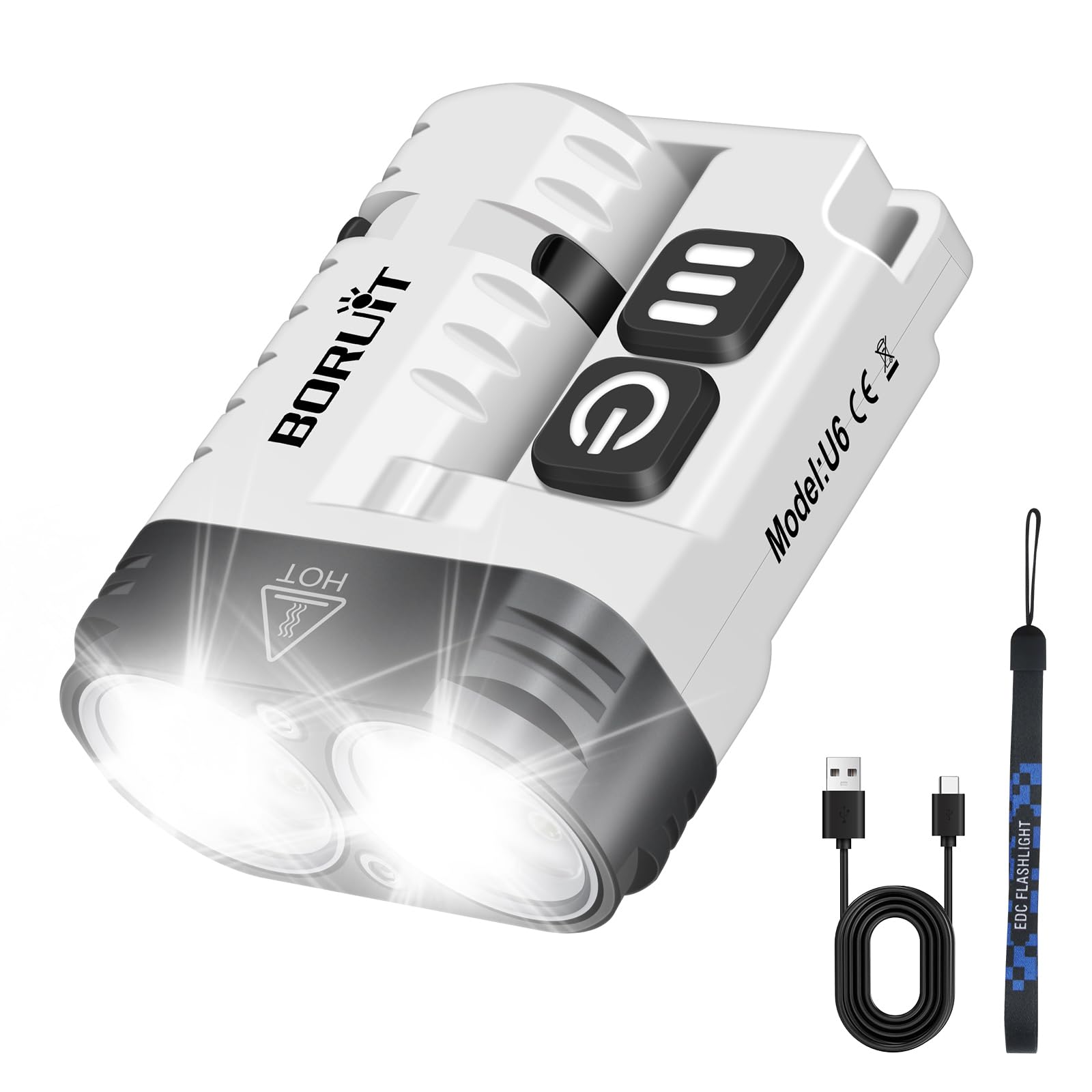 BORUIT U6 Mini Torcia, 1600 Lumen Torcia Ricaricabile, Super Luminoso 9 Modalità, con IP68 Impermeabile, Clip Rotante, Coda Magnetica, per Campeggio Lavoro Emergenza (bianco)